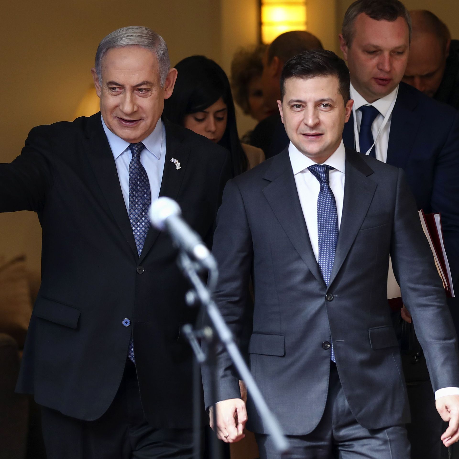 Netanyahu and Zelensky arrive for a meeting in Jerusalem on Jan. 24, 2020. Photo:  Oded Balilty/AFP via Getty Images 