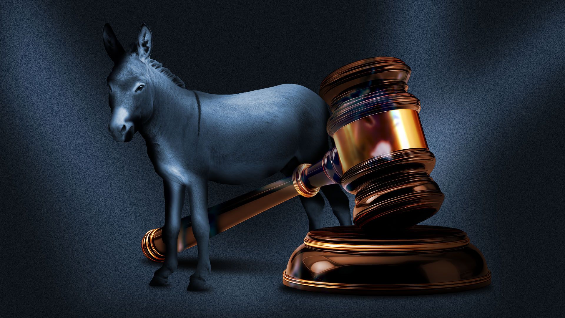 Illustration of a blue donkey stepping over the handle of a gavel