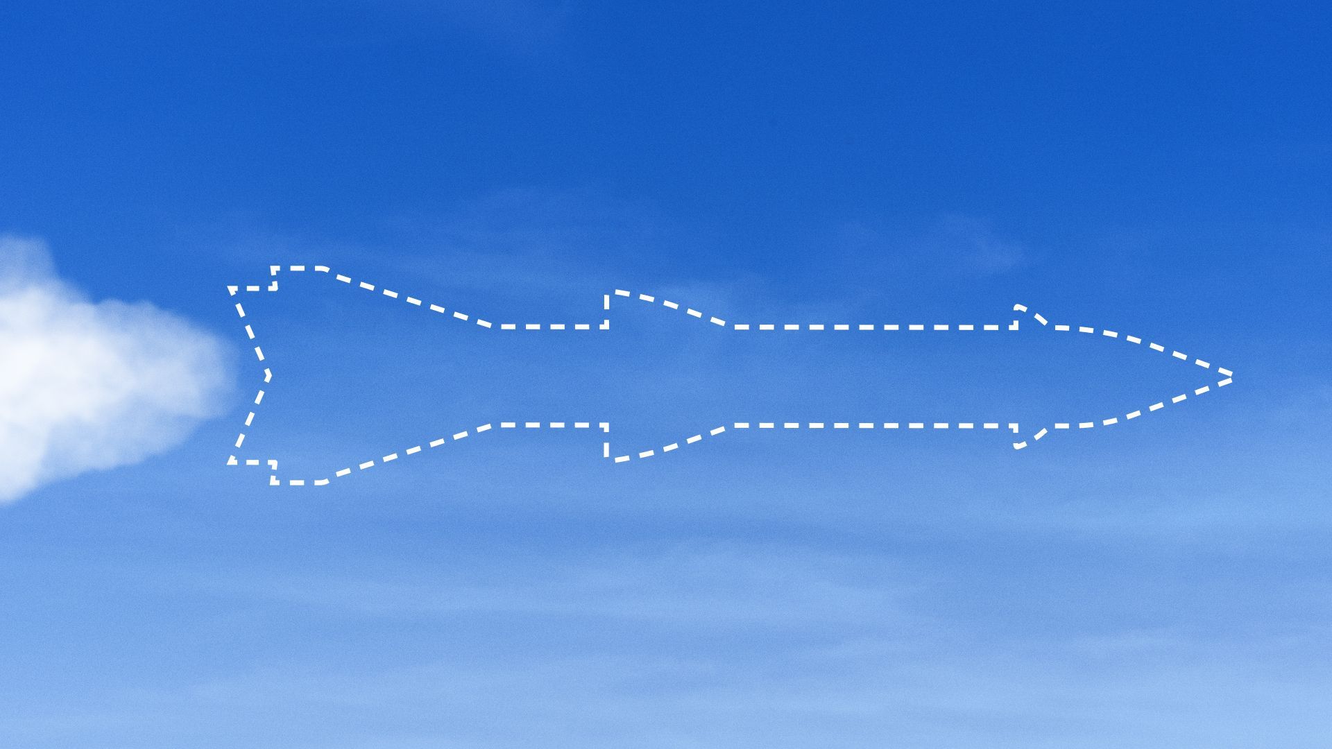 Illustration of a dotted white line in the shape of a missile flying in the sky with a plume of smoke behind it.