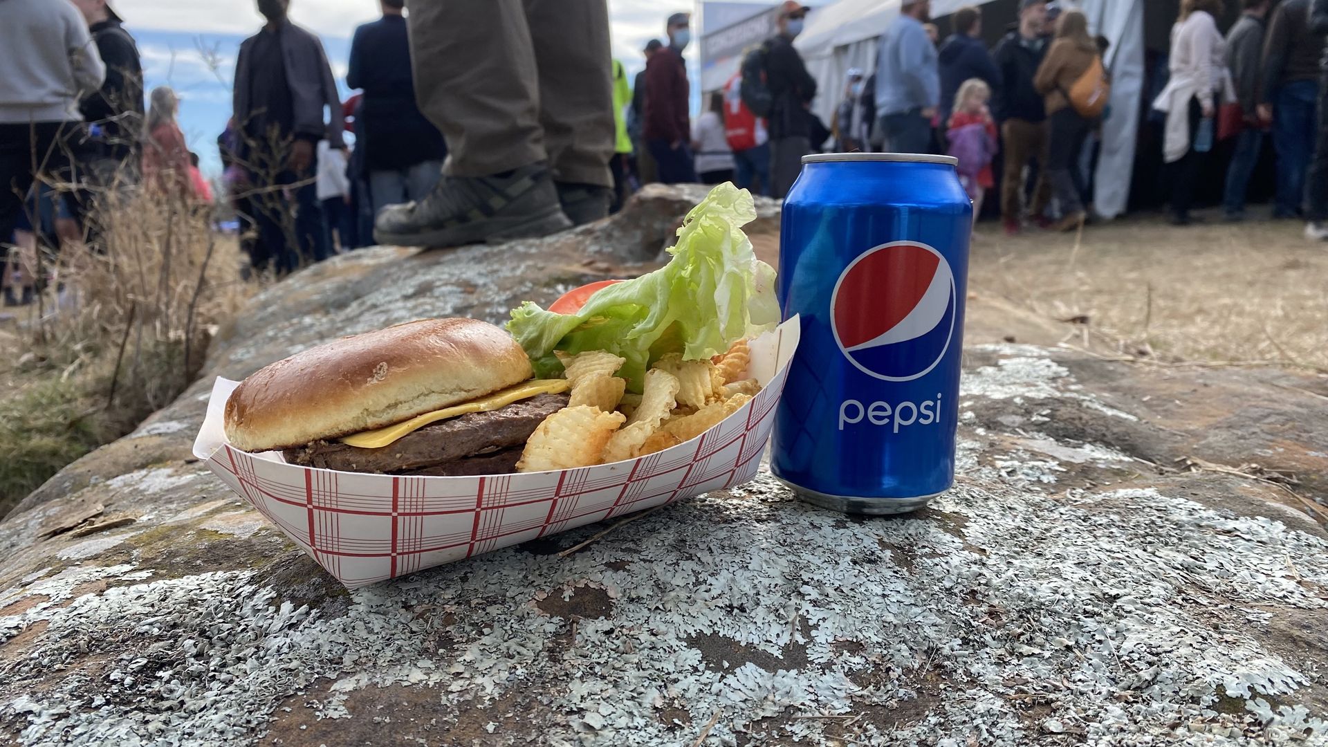 A burger in a paper basket on a rock.