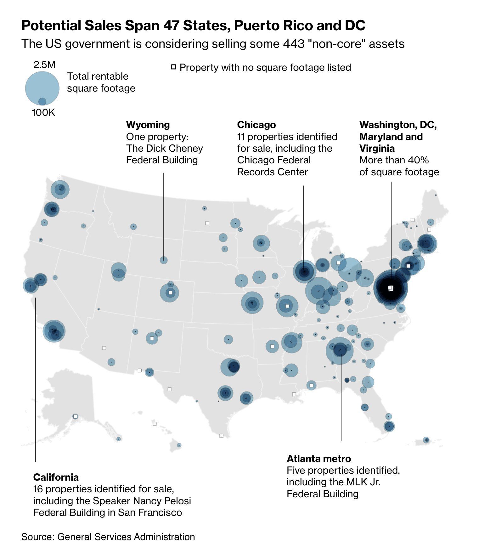 A map of federal buildings that could be for sale across the country, according to Bloomberg.
