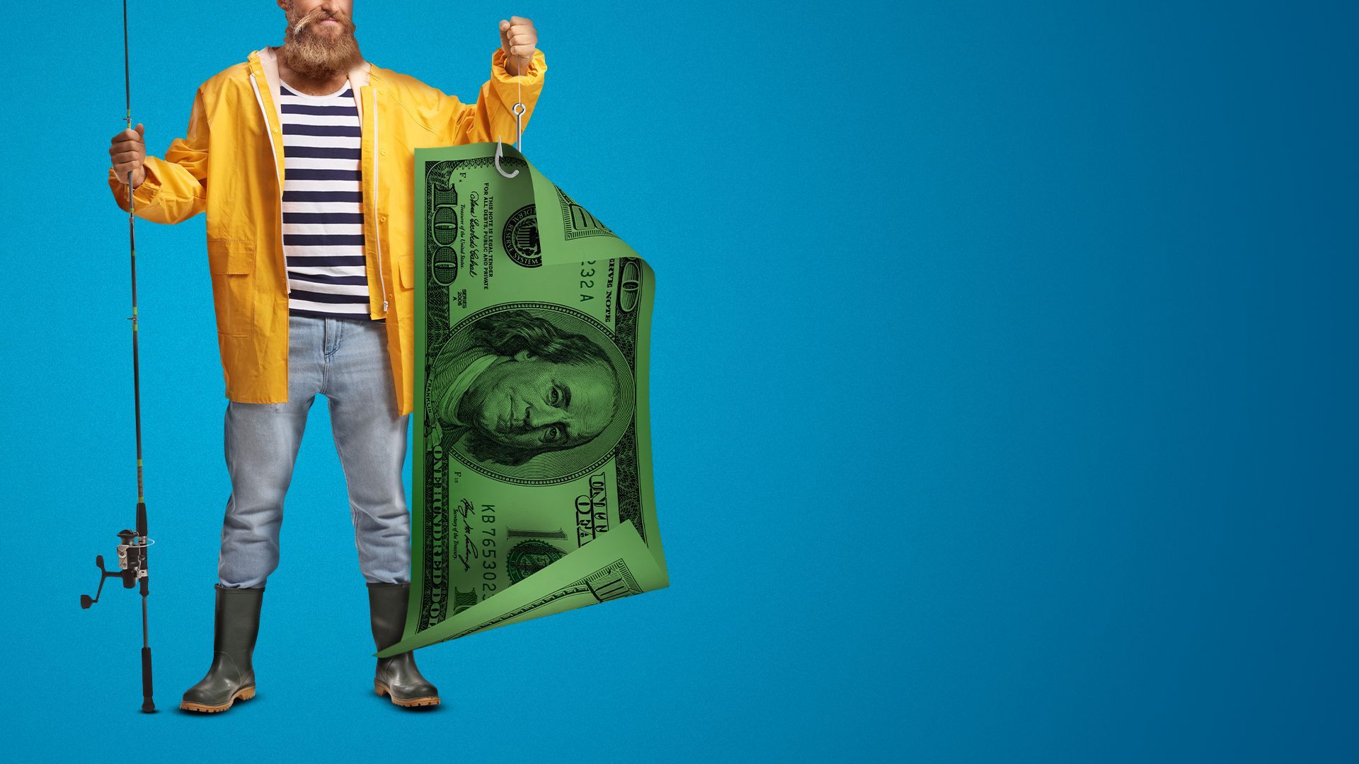 Illustration of a fisherman holding up a giant hundred dollar bill on a hook. 