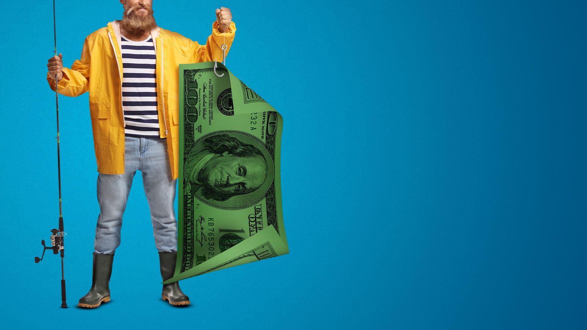 Illustration of a fisherman holding up a giant hundred dollar bill on a hook.