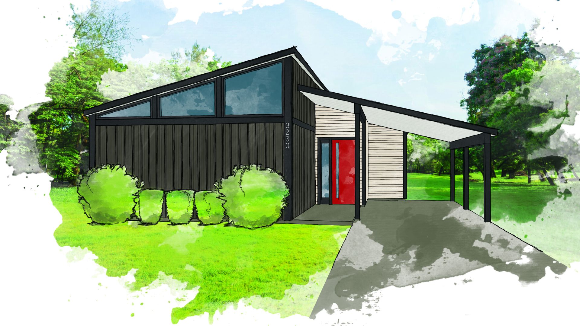 Image is a rendering of a mid-century modern home