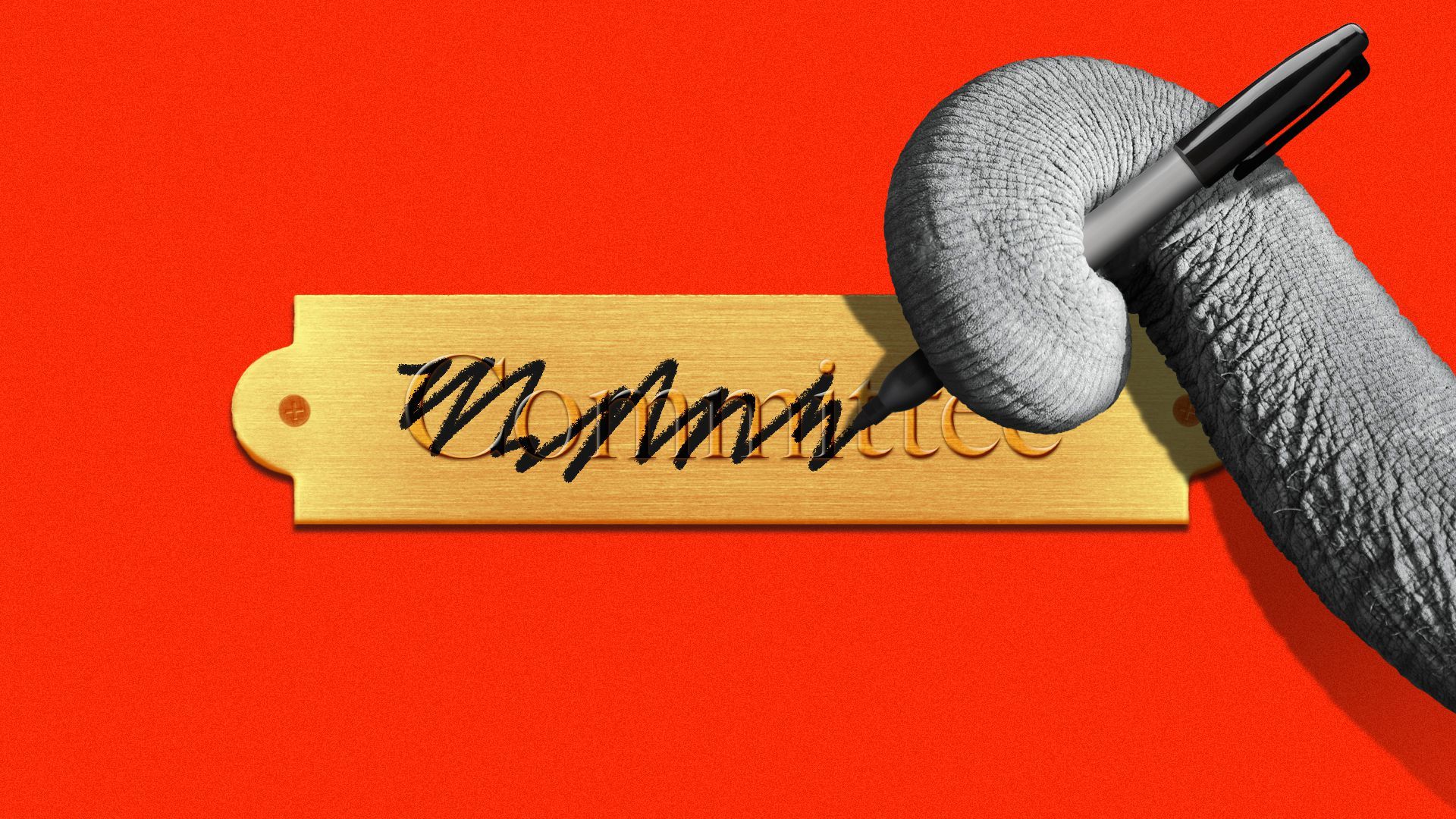 Illustration of an elephant trunk with a marker scribbling out a name plate with the word "committee" on it