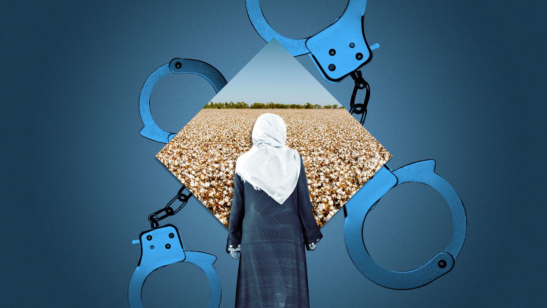 Illustration of Muslim woman facing a cotton field with handcuffs