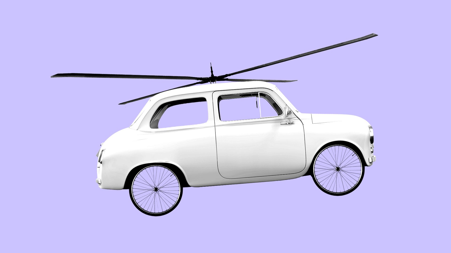 Illustration of car with bicycle tires and a helicopter rotor blade