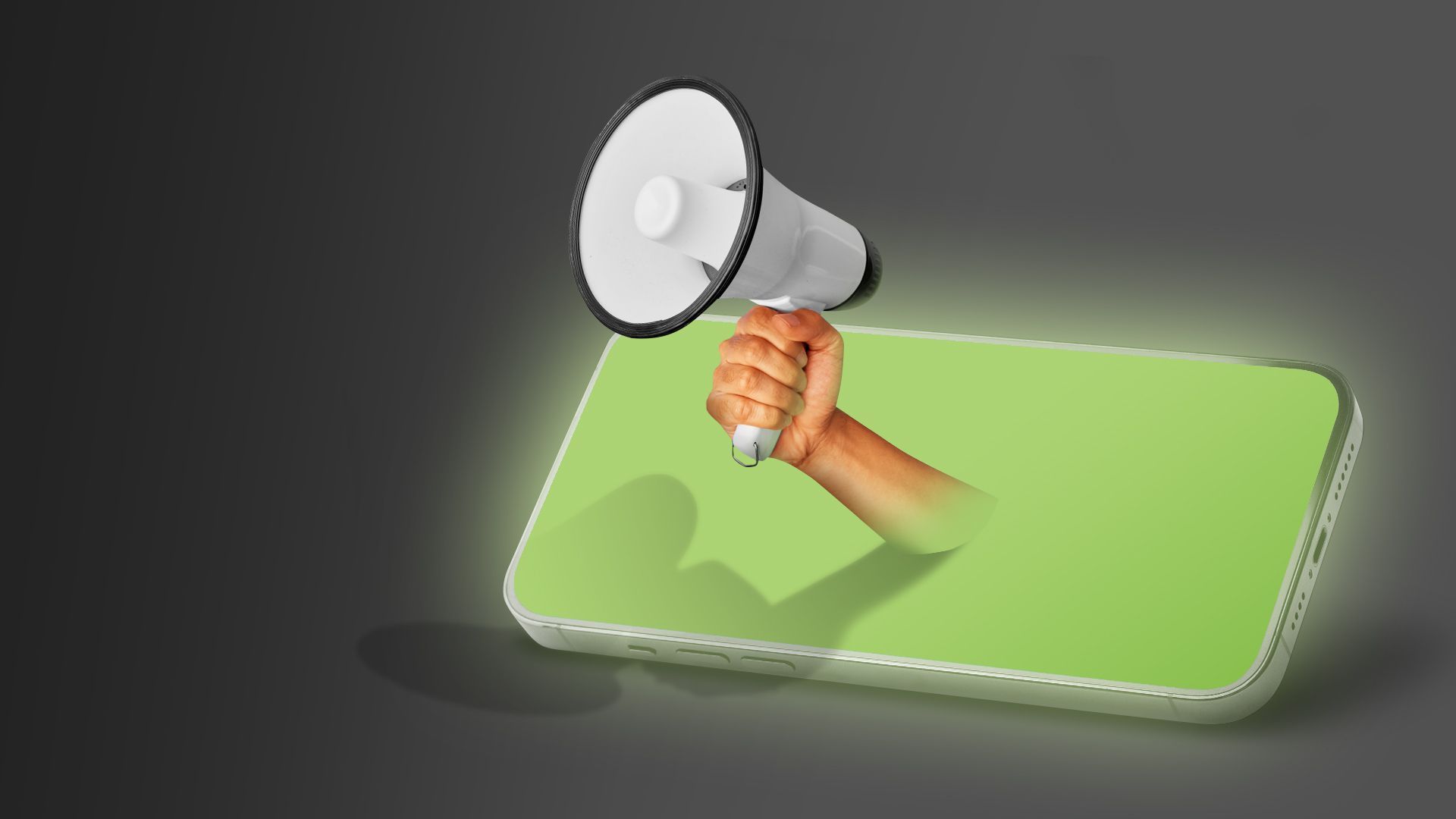 Illustration of a hand with a megaphone coming out from a mobile phone screen.