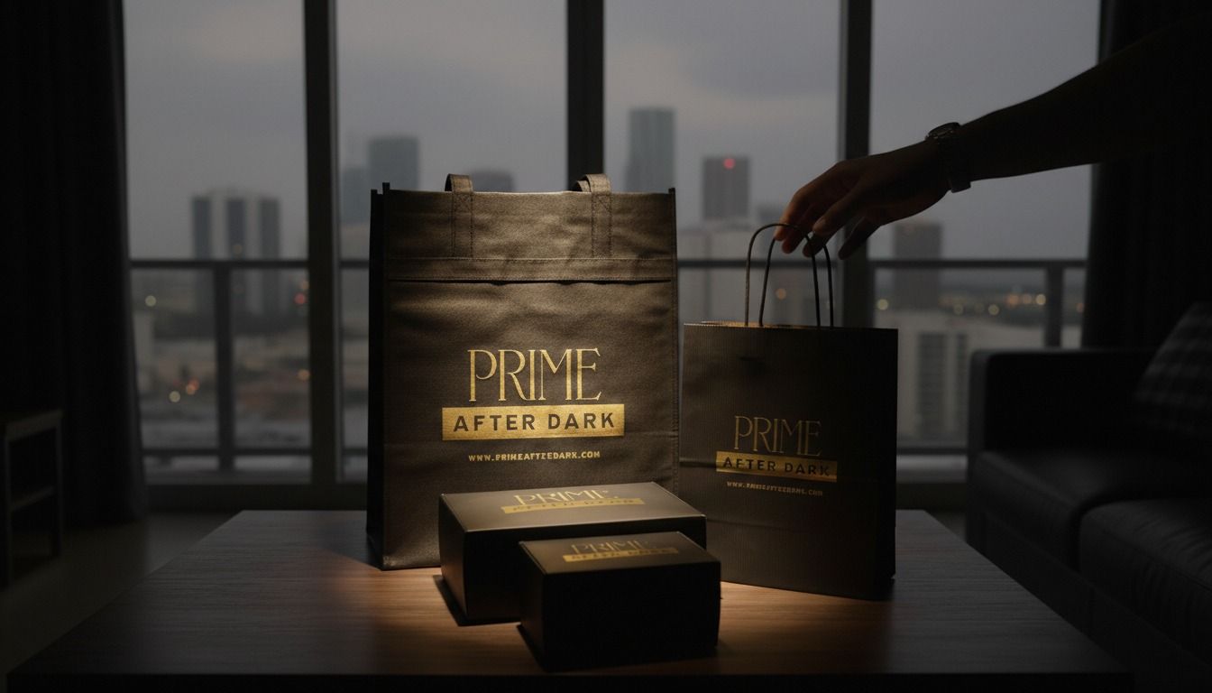 Dim living room with two black bags reading "PRIME AFTER DARK" in gold, a small box on a wooden table, and a hand reaching for the bags as a city skyline is visible through large windows.