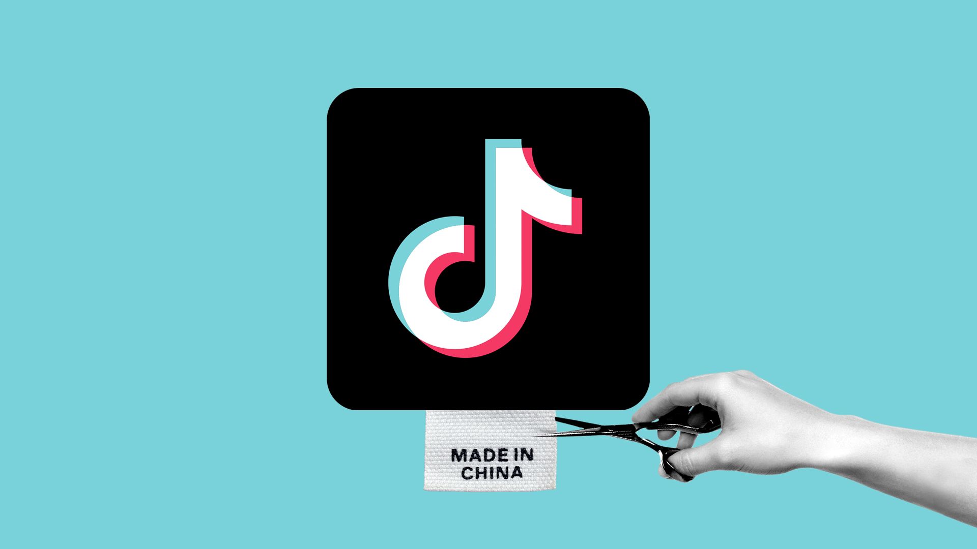 Illustration of someone cutting a "Made in China" tag from a TikTok logo 