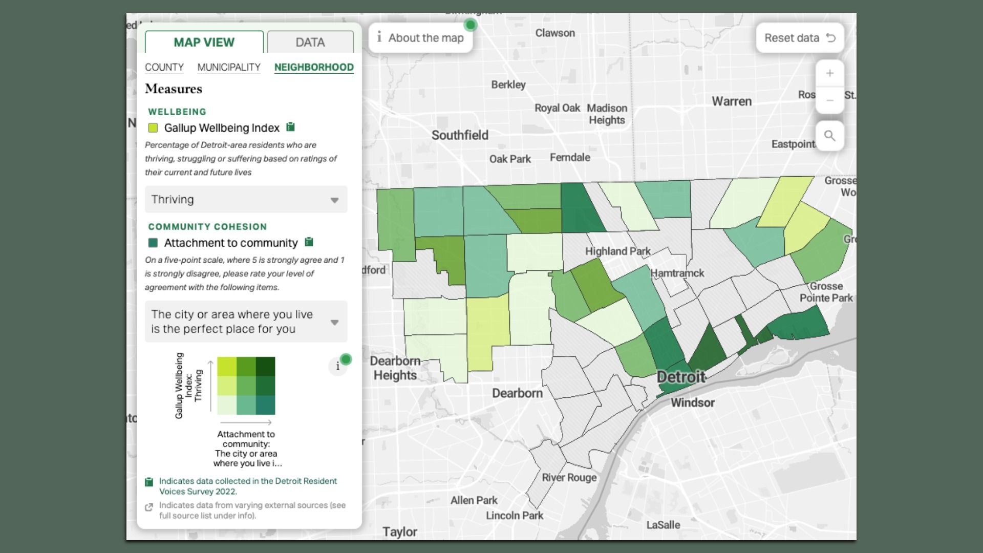 Map interface of Detroit region: left sidebar MEASURES with Wellbeing and Community Cohesion; right shows a grid map with green to yellow colored neighborhood blocks and zoom controls.