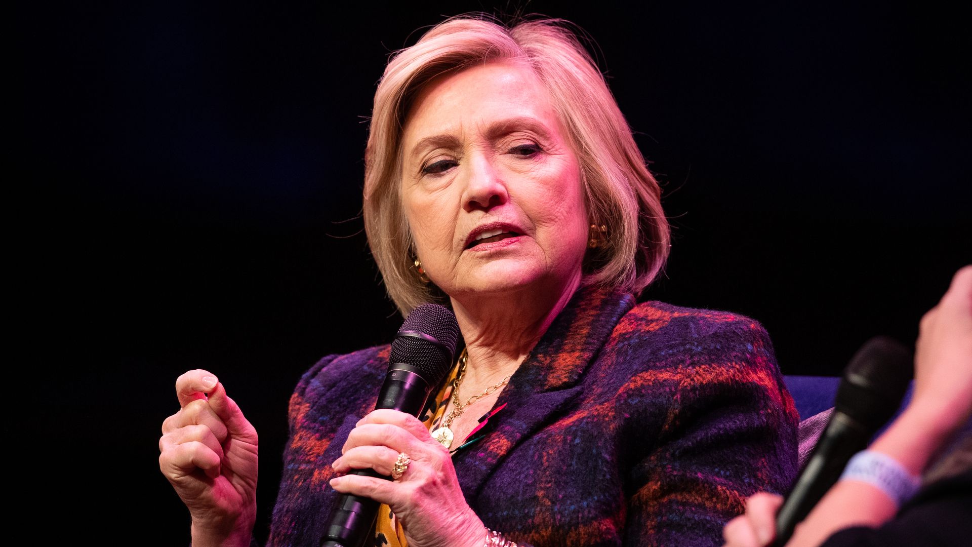 Hillary Clinton (left) talking to Mary Beard at the Southbank Centre in London