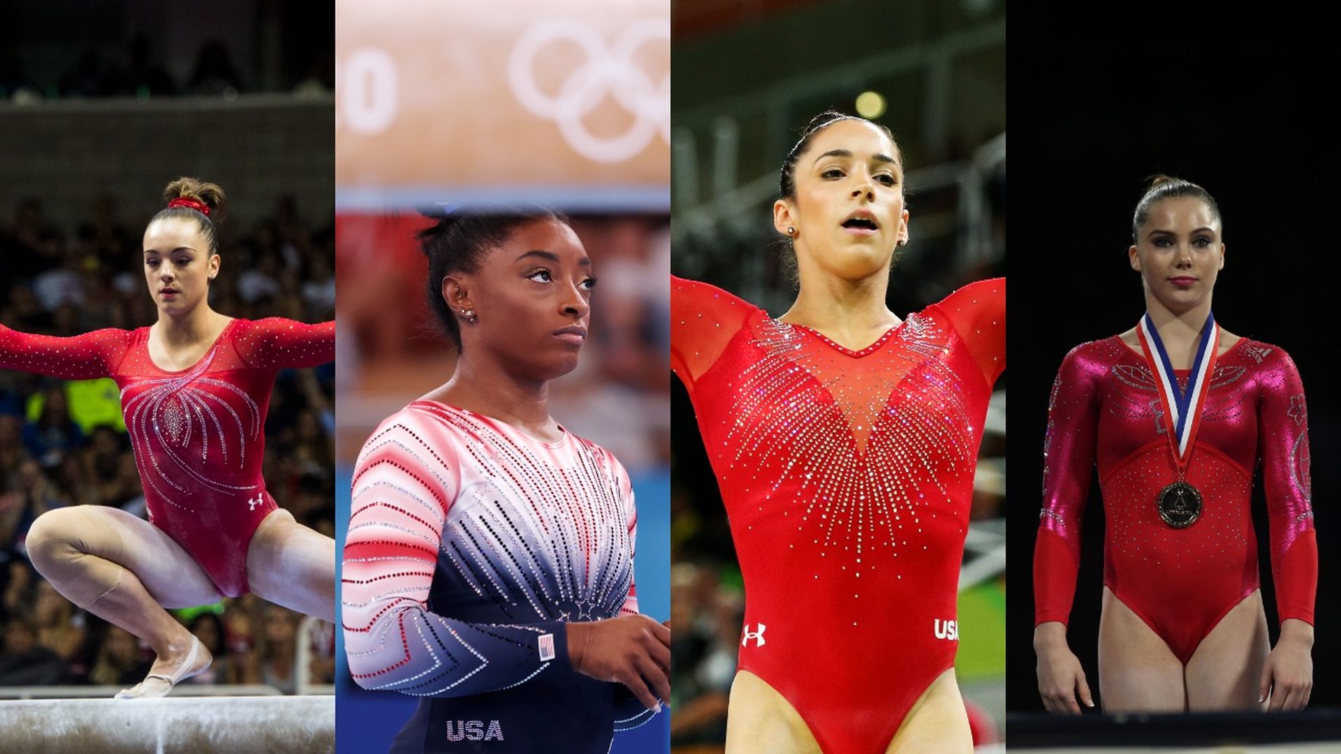Photo collage of Maggie Nichols, Simone Biles, Aly Raisman and McKayla Maroney in their gymnastics uniforms