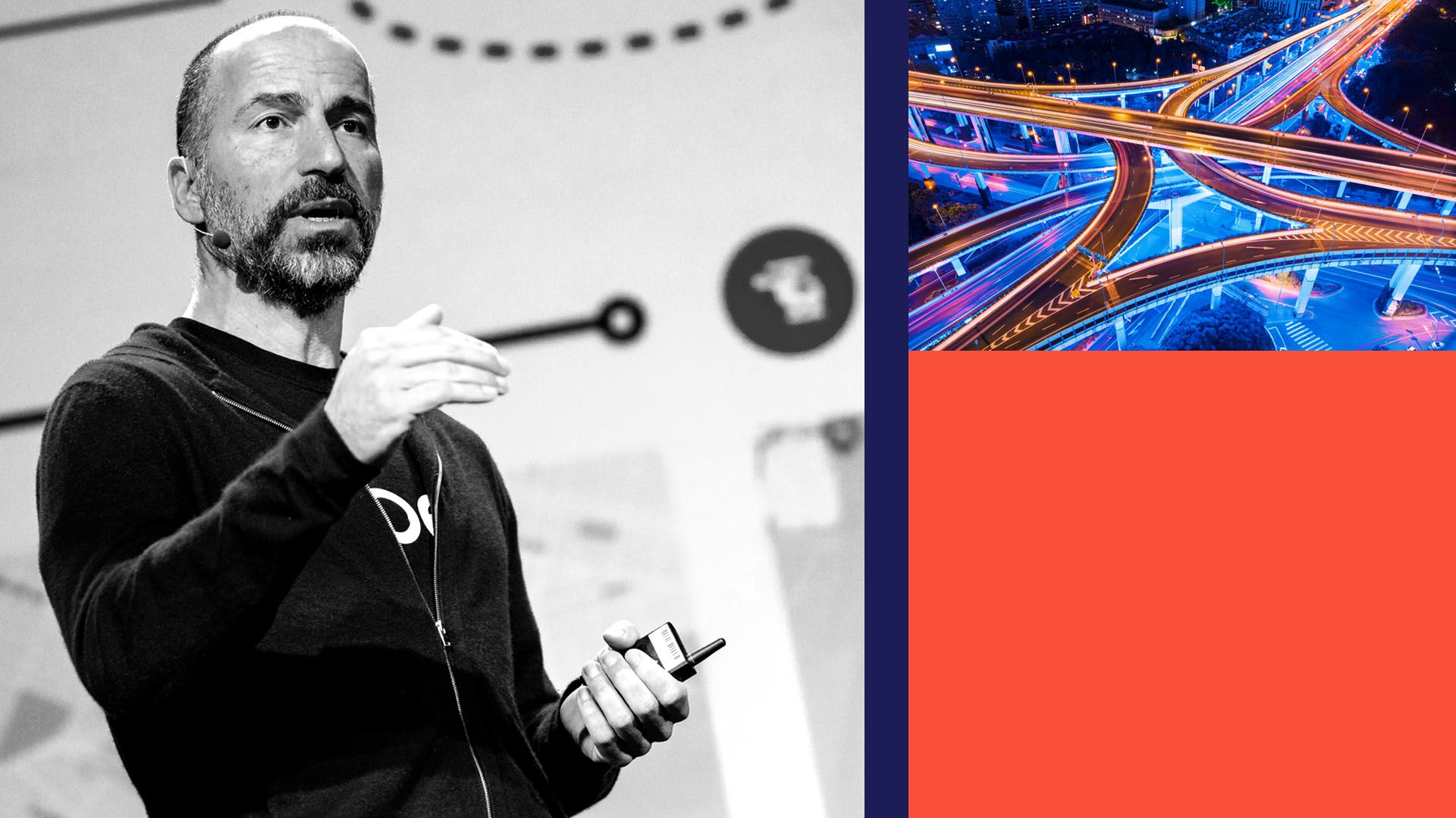 Photo illustration of Uber CEO Dara Khosrowshahi with an image of a highway and blocks of color.