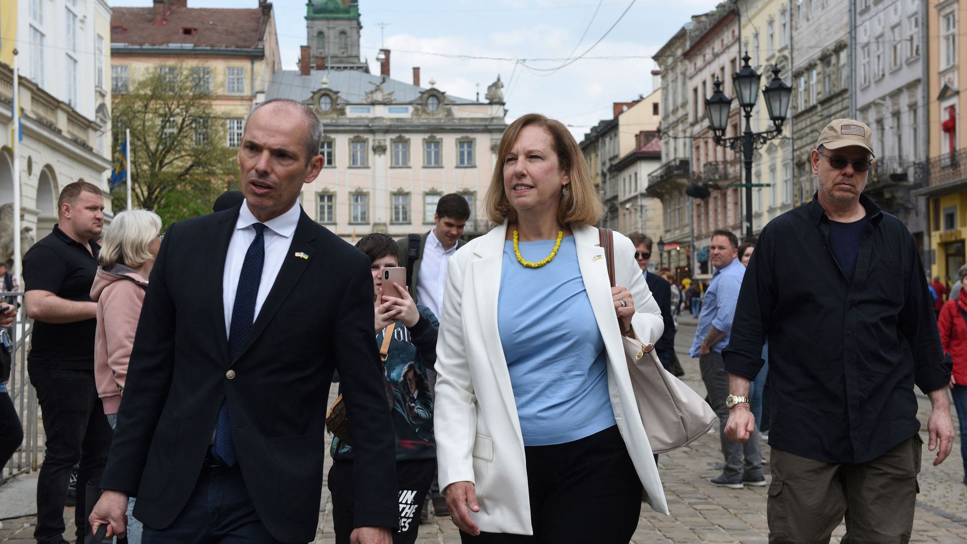 The U.S. charge d'affaires in seen walking through the streets of Lviv, Ukraine, last week.