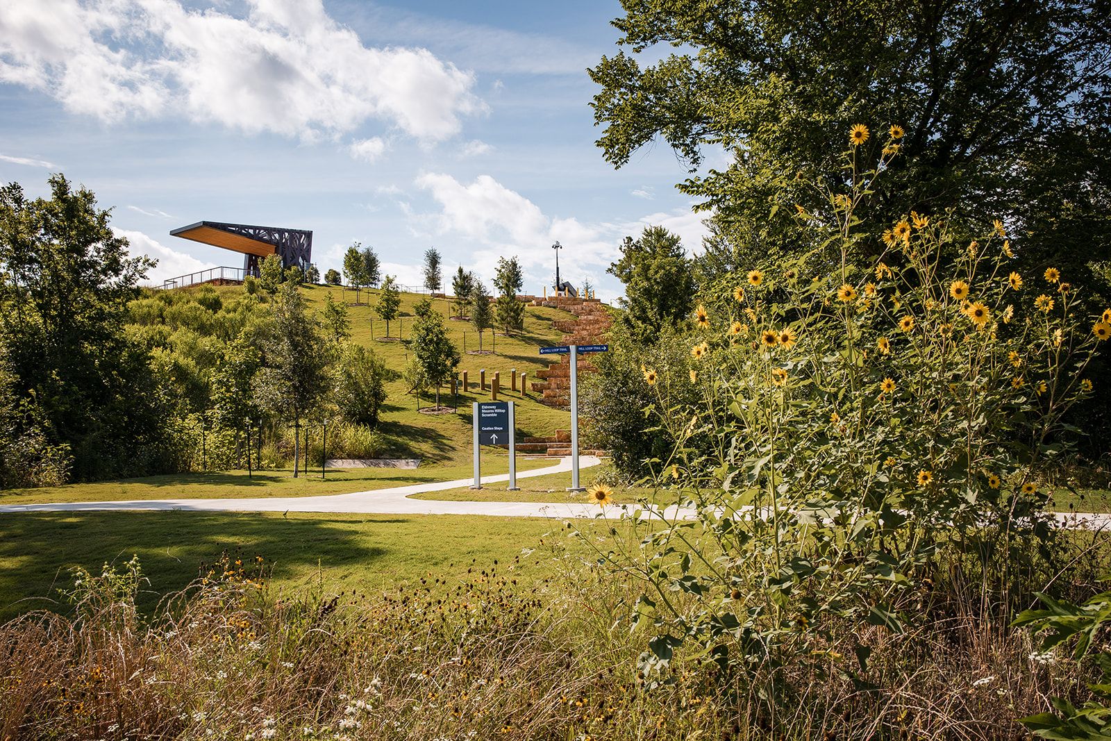 Sunny park hillside with a modern angular pavilion on the left, winding path and signposts, scattered trees, and tall sunflowers in the foreground; blue sky with white clouds.
