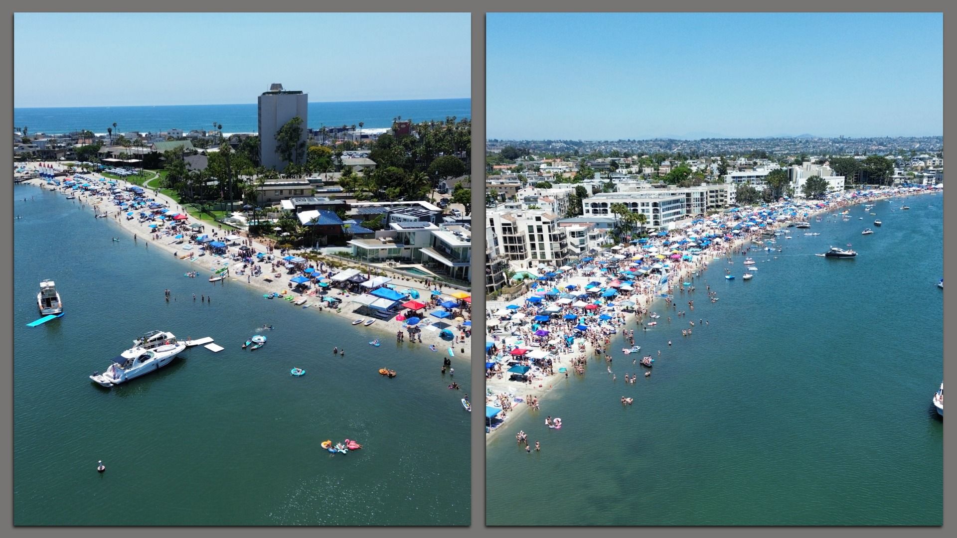 Two side by side drone photos of crowds of people on the sand with ubrellas and tents, and people in the water on floats and boats on Mission Bay.  