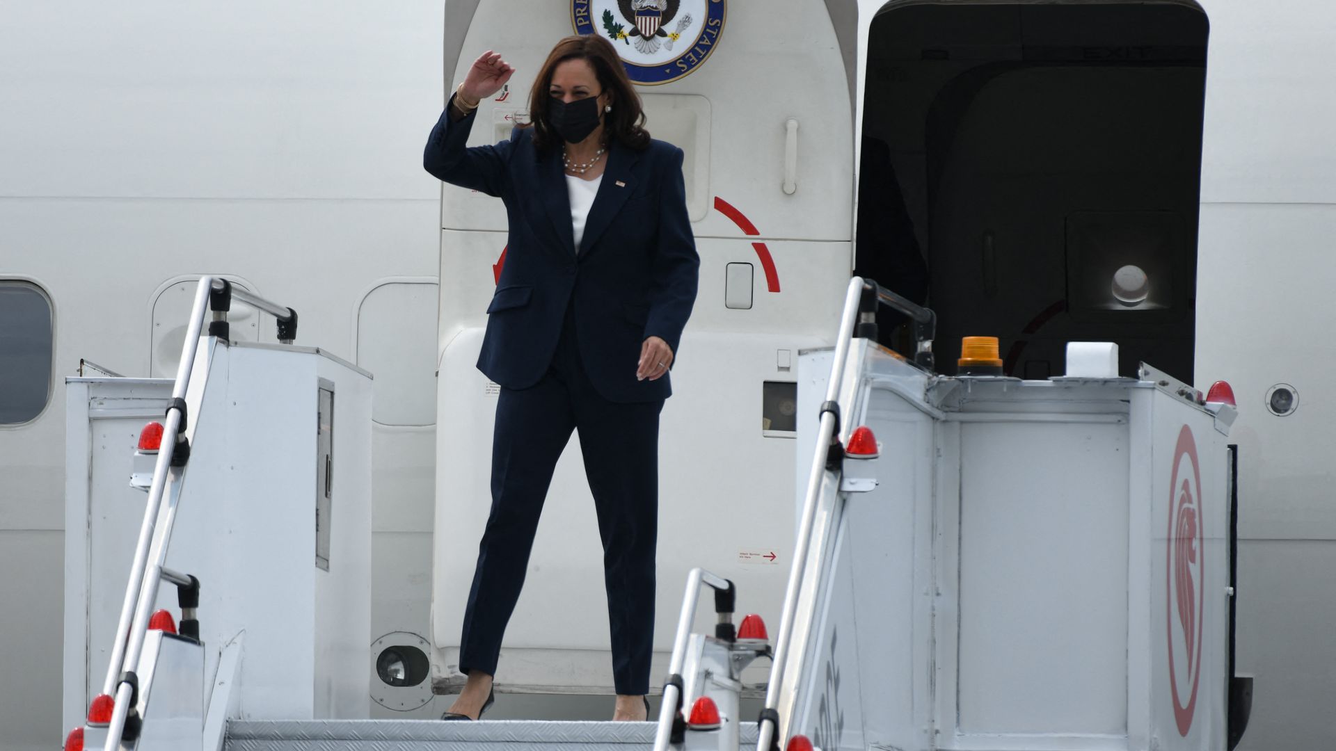 Vice President Kamala Harris arrives at Paya Lebar Base airport in Singapore on August 22