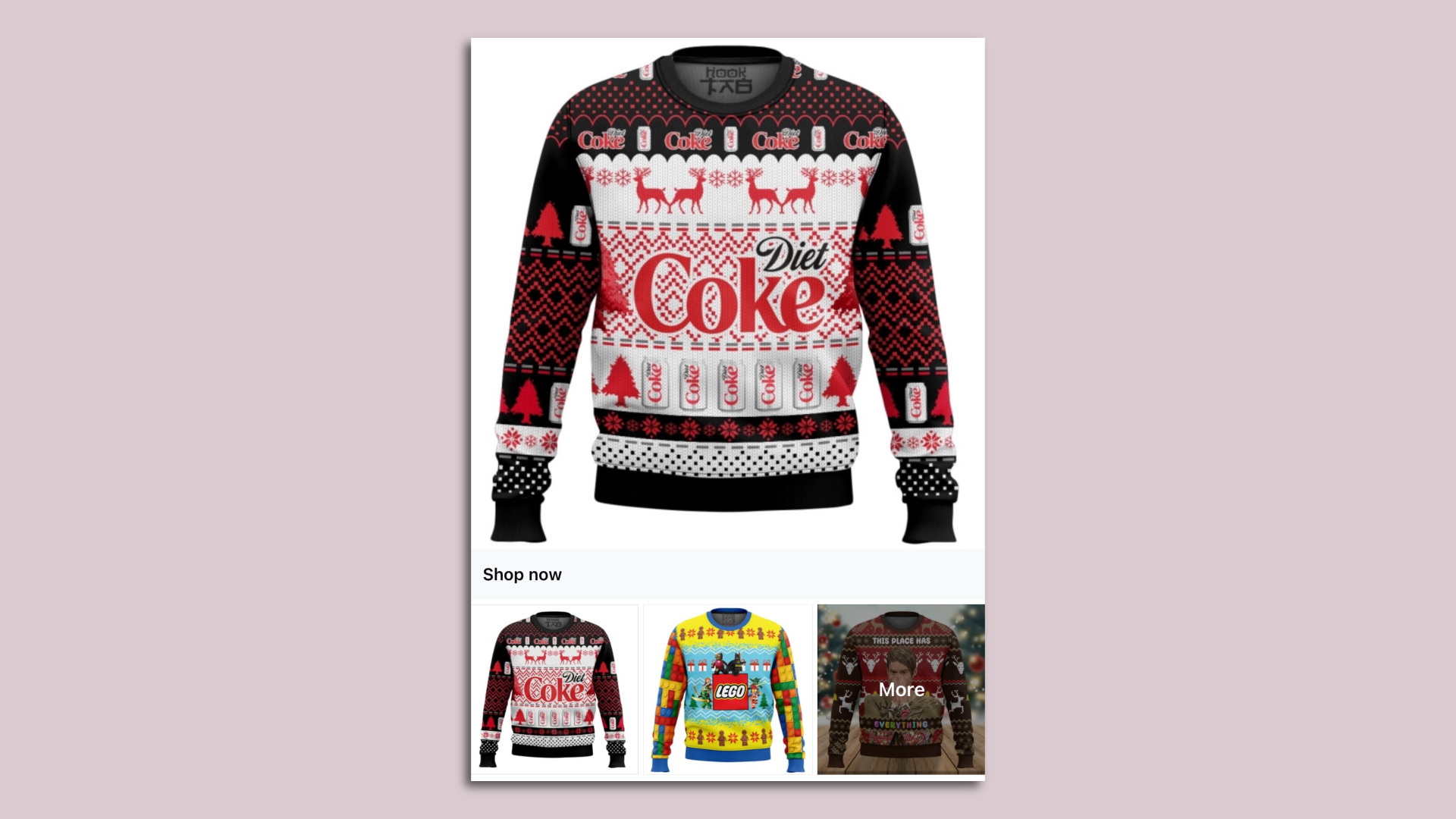 A Facebook ad touting holiday sweaters, including one with a Diet Coke logo and another with the Lego logo