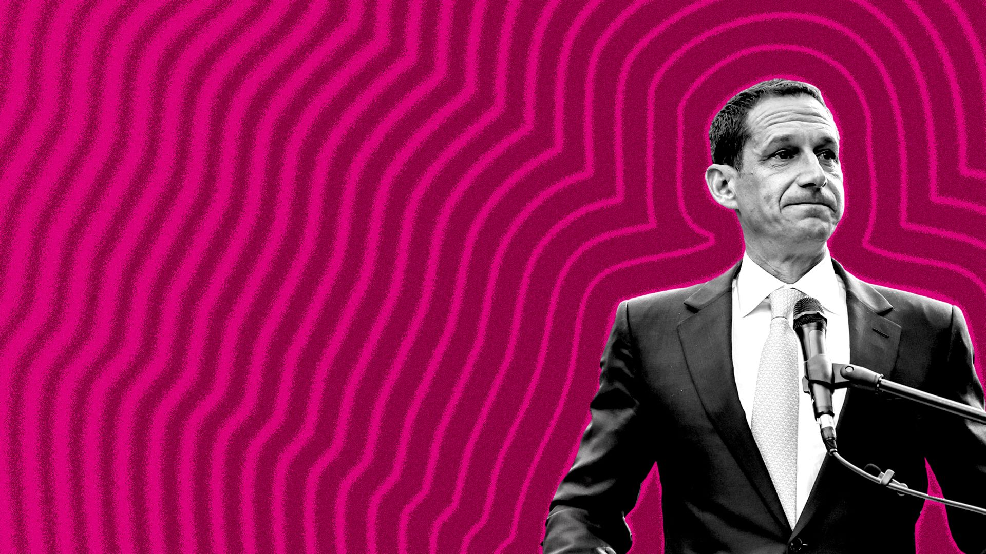 Photo illustration of Daniel Lurie with lines radiating from him. 