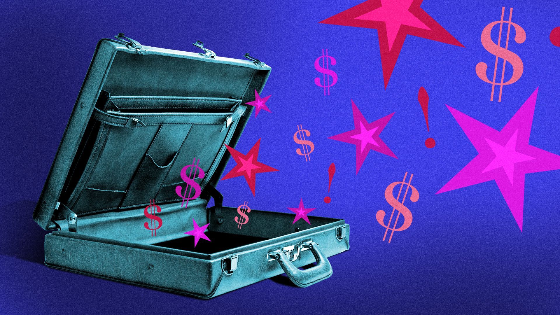 Illustration of stars, dollar signs and exclamation points flying out of an open briefcase.
