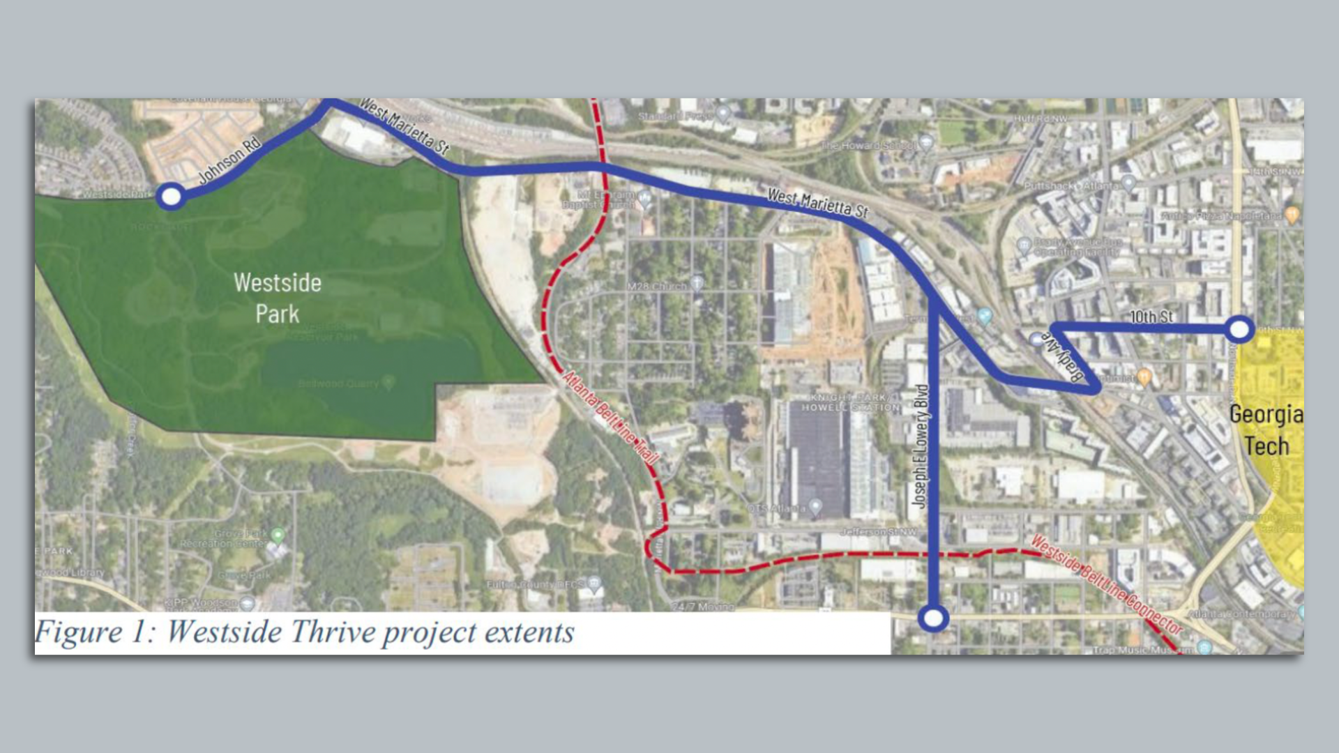 A map of Atlanta with blue lines indicating where bike lanes would be built connecting Georgia Tech and Westside Park