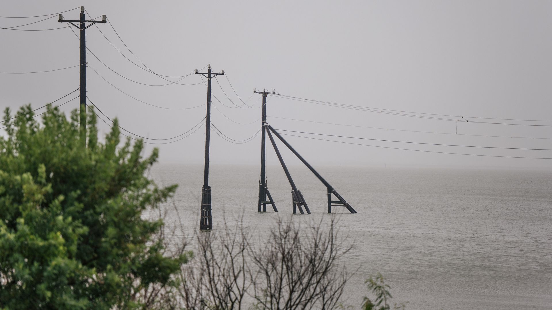 Transmission towers are shown ahead of the Tropical Storm Nicholas on September 13, 2021 in Galveston, Texas.