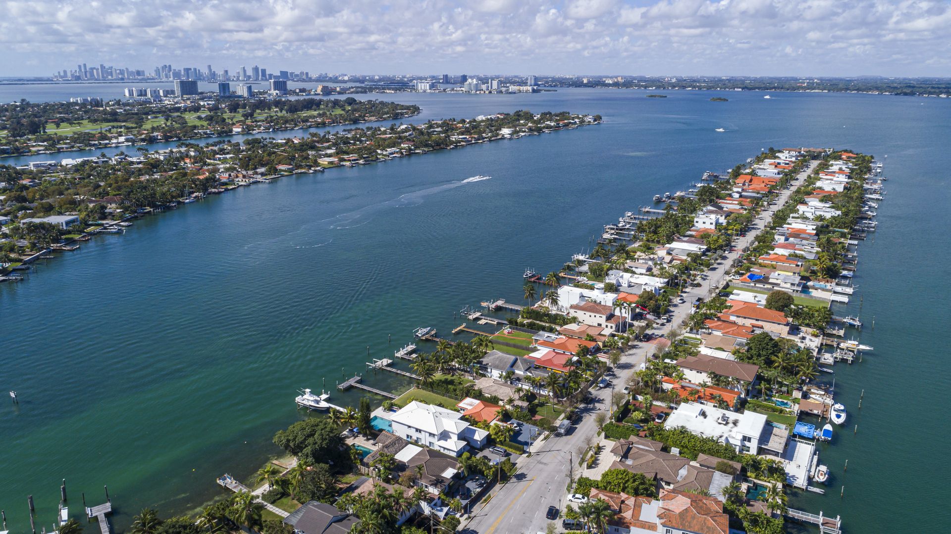 Florida, Miami, Biscayne Point homes, aerial view.
