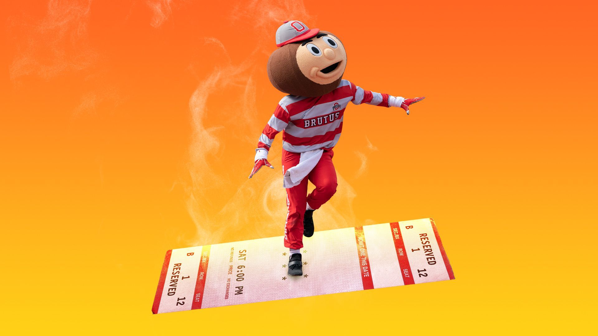 Illustration of Brutus the Ohio State mascot standing atop a large smoking ticket