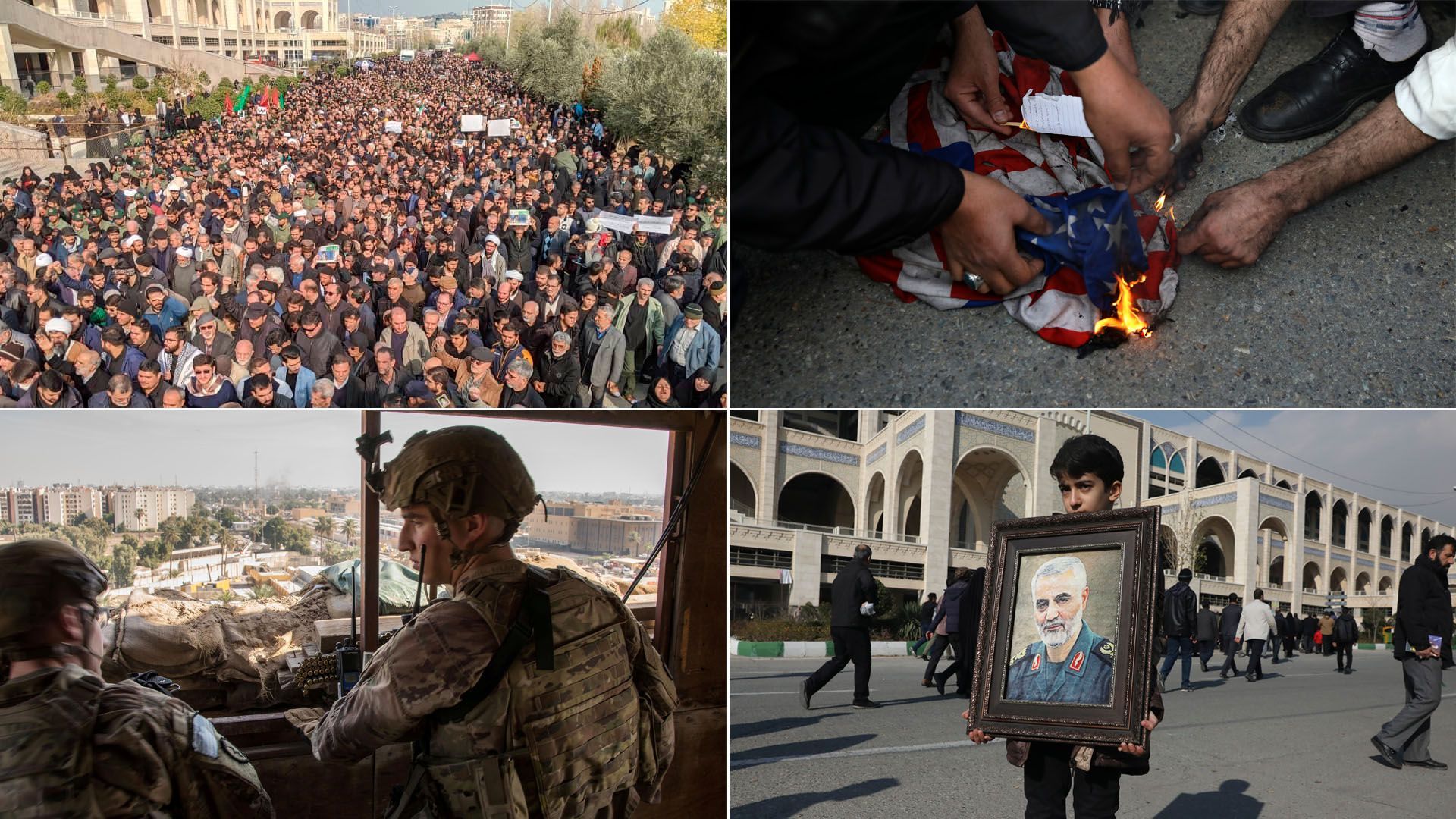 Esta imagen muestra cuatro fotos: una multitud de personas, una bandera estadounidense encendida, un soldado mirando por la ventana y un hombre con un retrato de Soleimani
