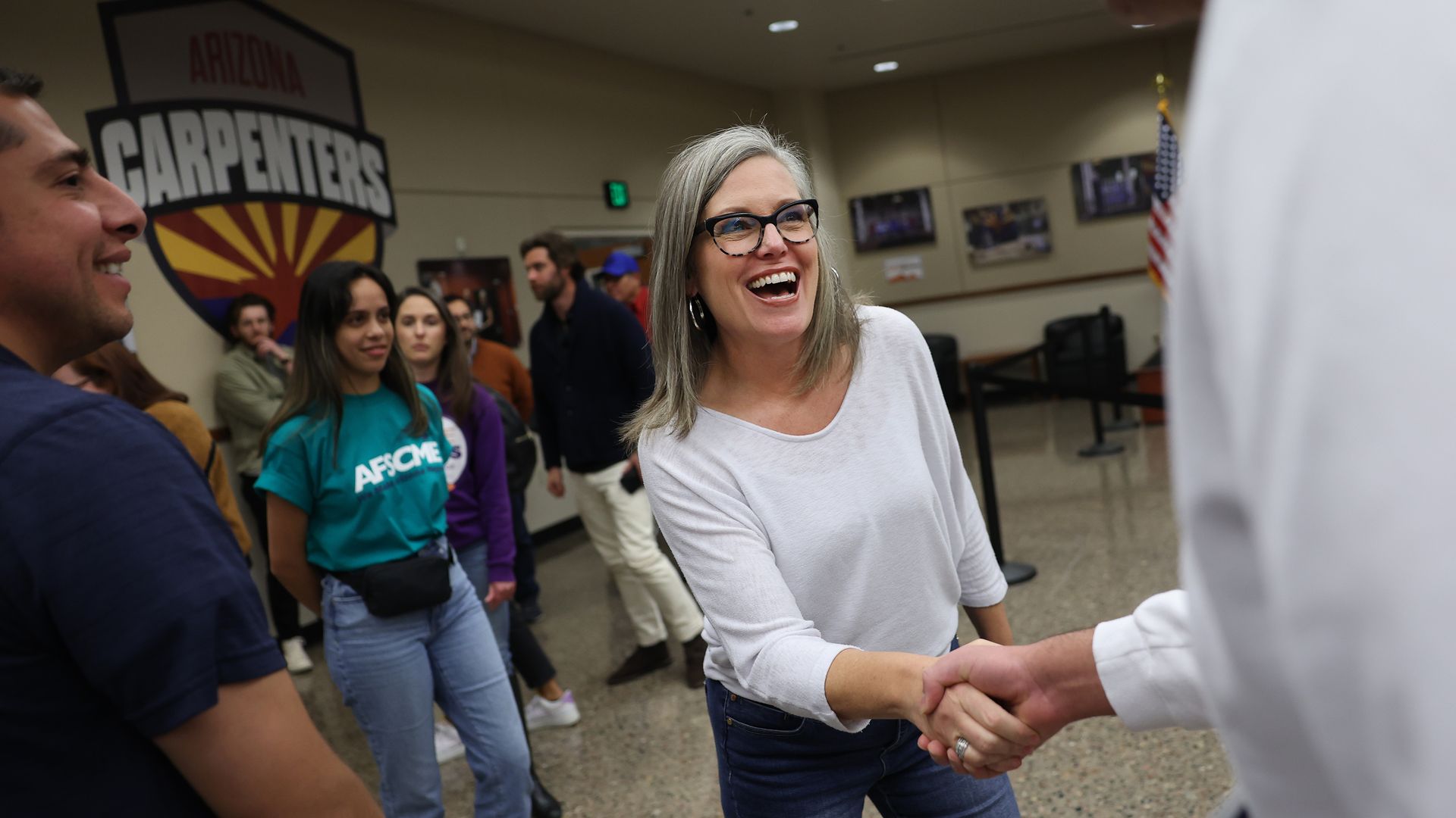 Arizona Democratic gubernatorial candidate Katie Hobbs greets supporters during a campaign event at the Carpenters Local Union 1912 headquarters on November 05, 2022 in Phoenix, Arizona. 