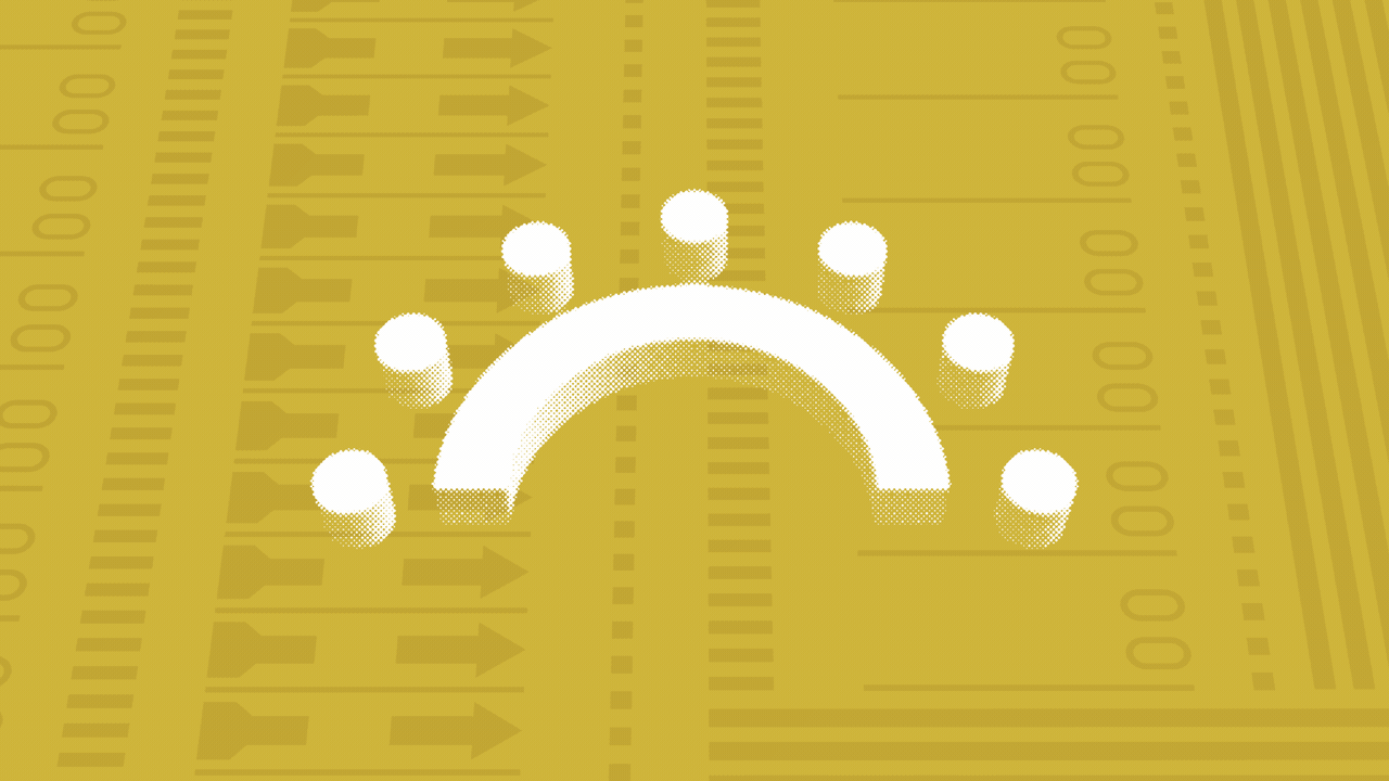 Animated illustration of dots around a half-circle table over a gold background, which turn into a checkmark.