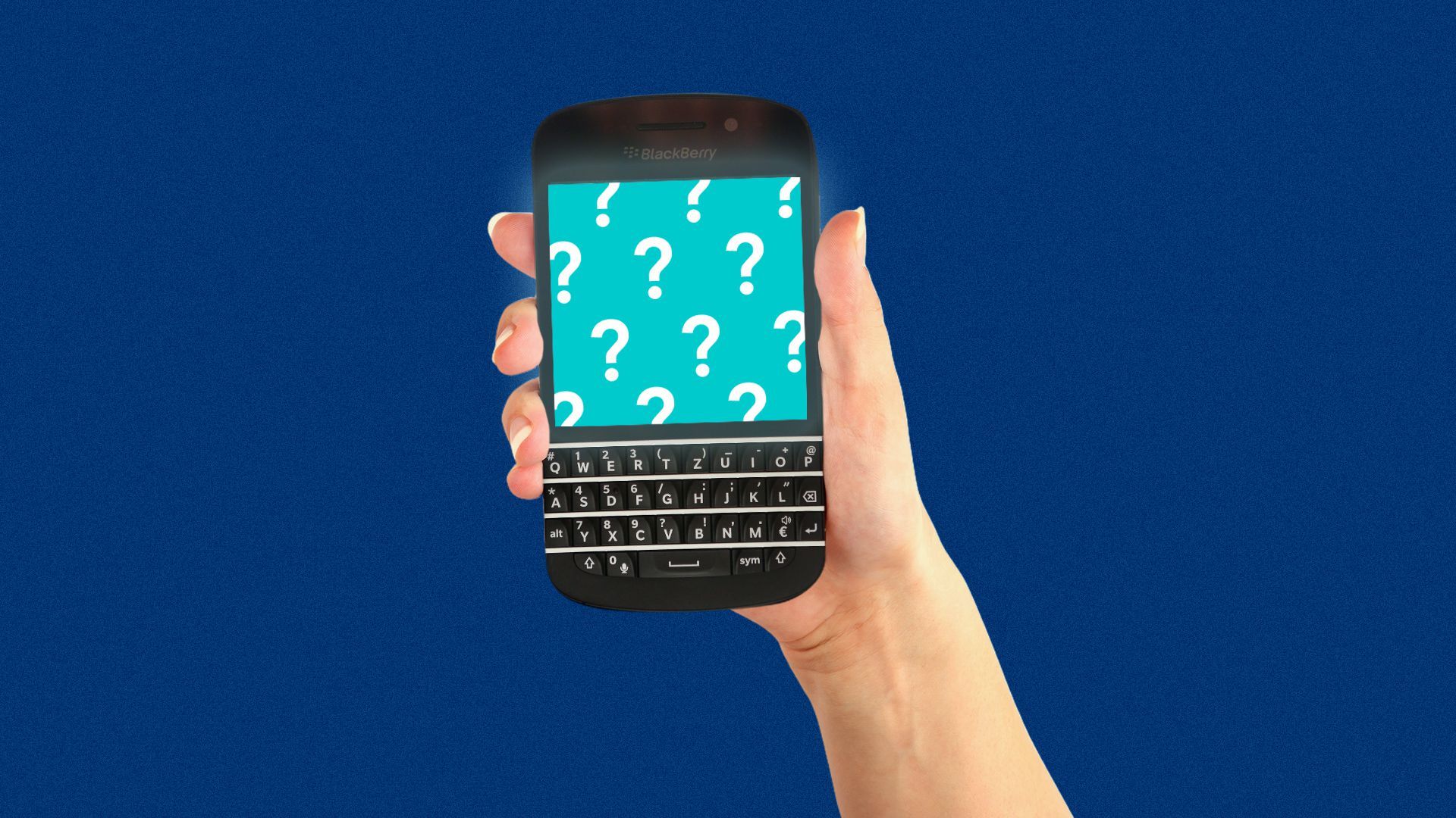 Illustration of a hand holding a BlackBerry phone with question marks on the screen.