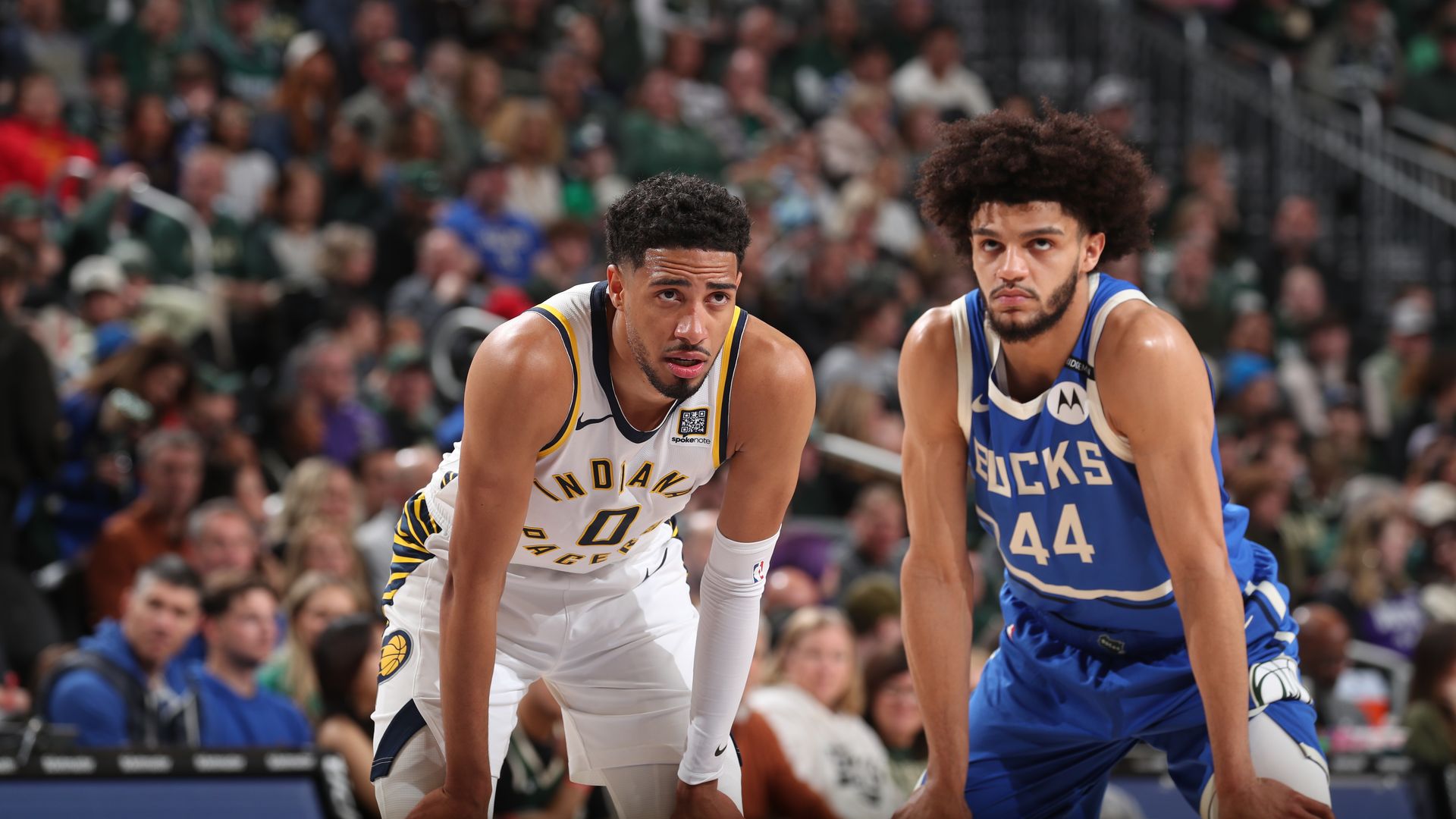 Tyrese Haliburton #0 of the Indiana Pacers and Andre Jackson Jr. #44 of the Milwaukee Bucks look on during the game on March 15, 2025 at Fiserv Forum Center in Milwaukee,