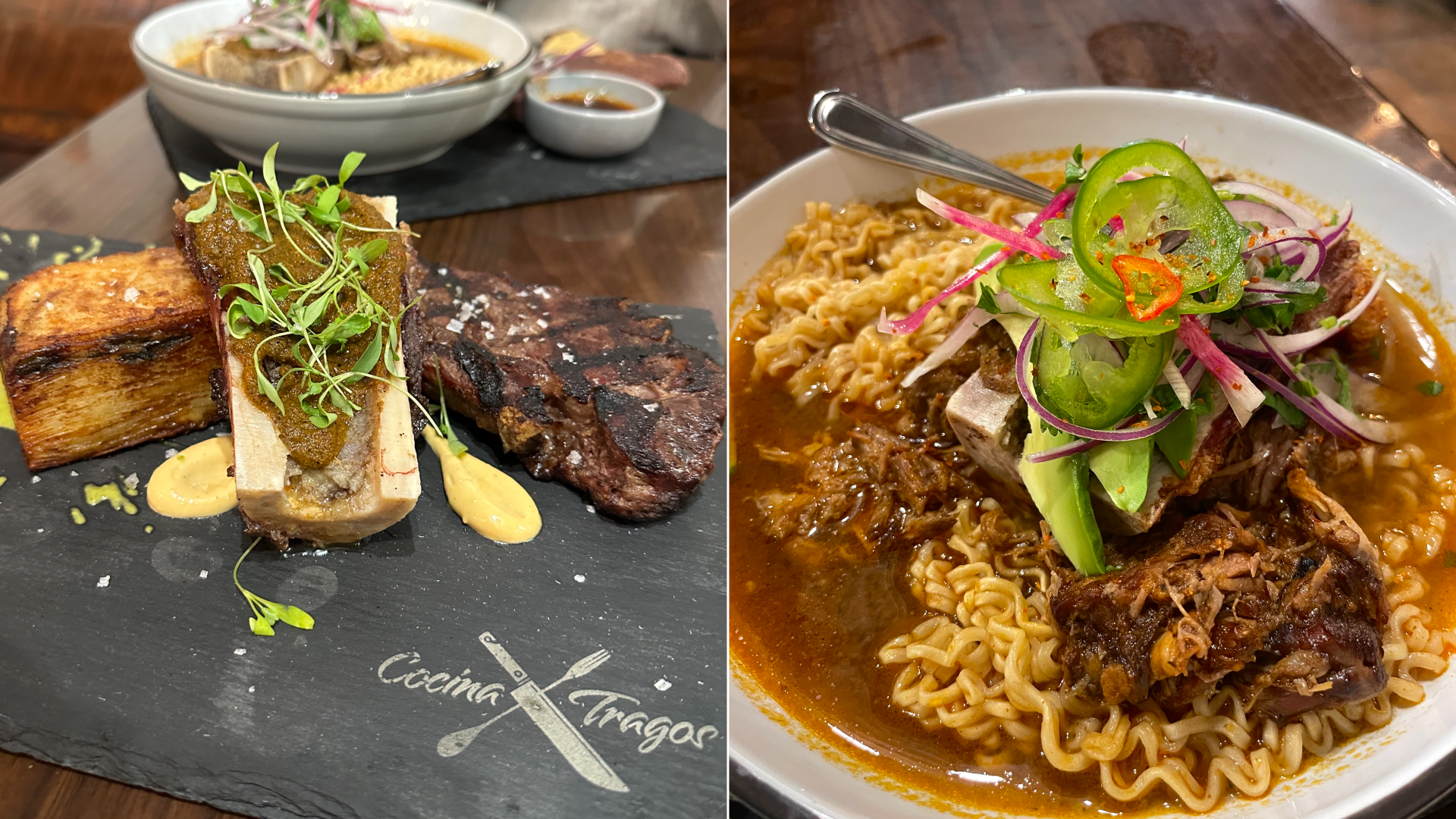 A steak with a large bone and a bowl of ramen.