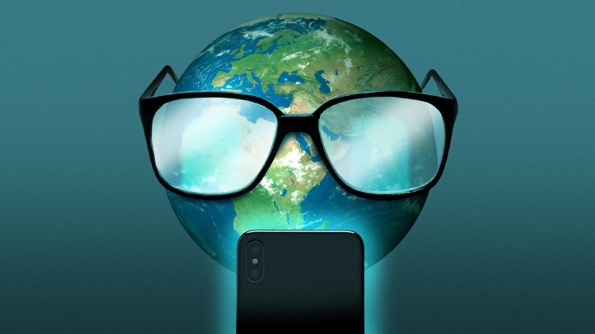 Illustration of Earth wearing glasses and reading a glowing phone.