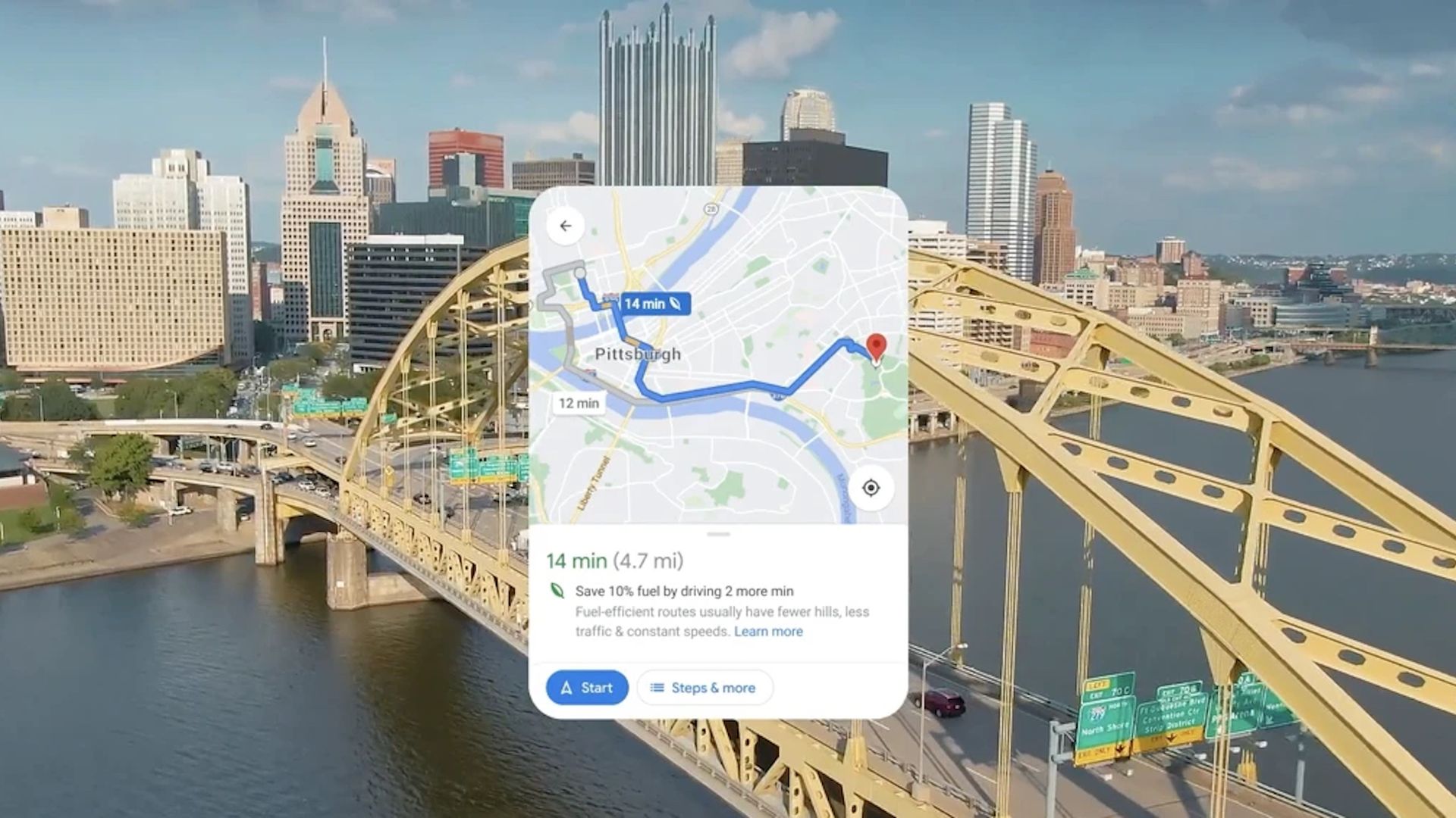 Google Maps display with the most efficient routing, set against the backdrop of Pittsburgh, Pennsylvania.