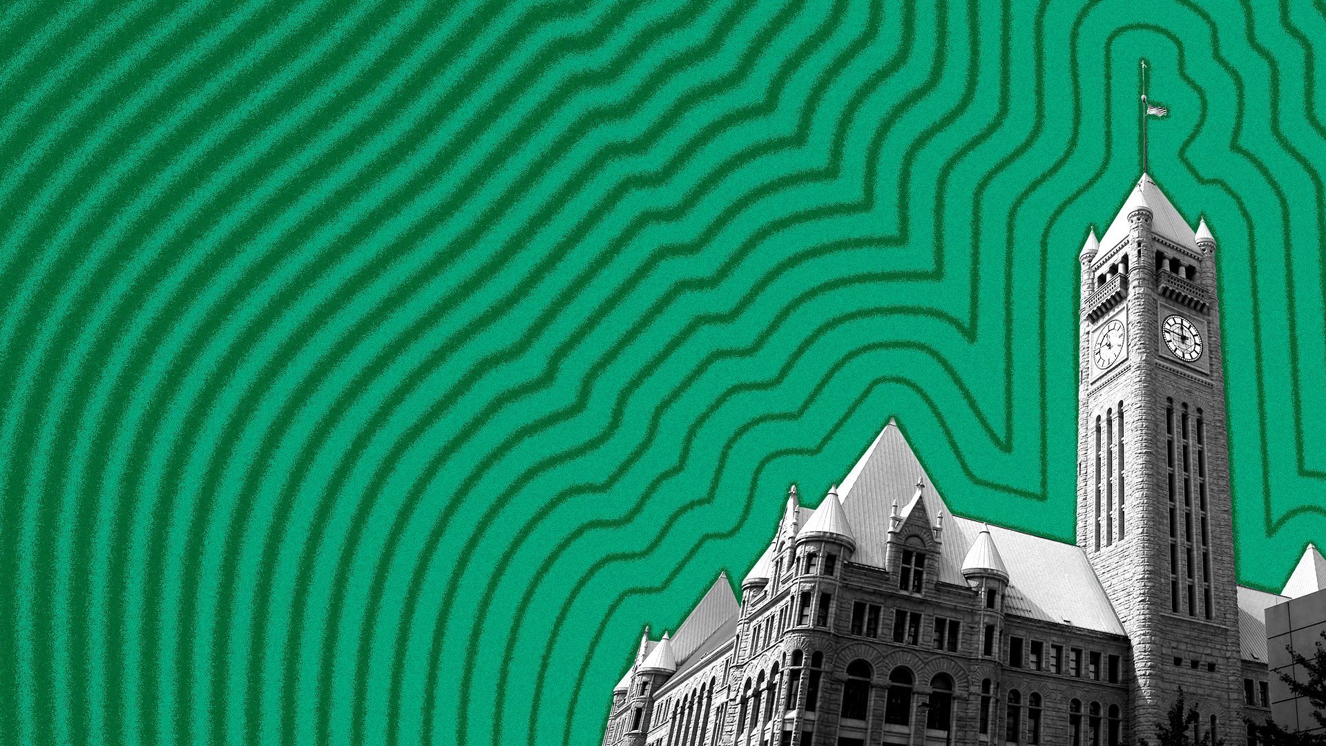 Illustration of Minneapolis City Hall with lines radiating from it. 