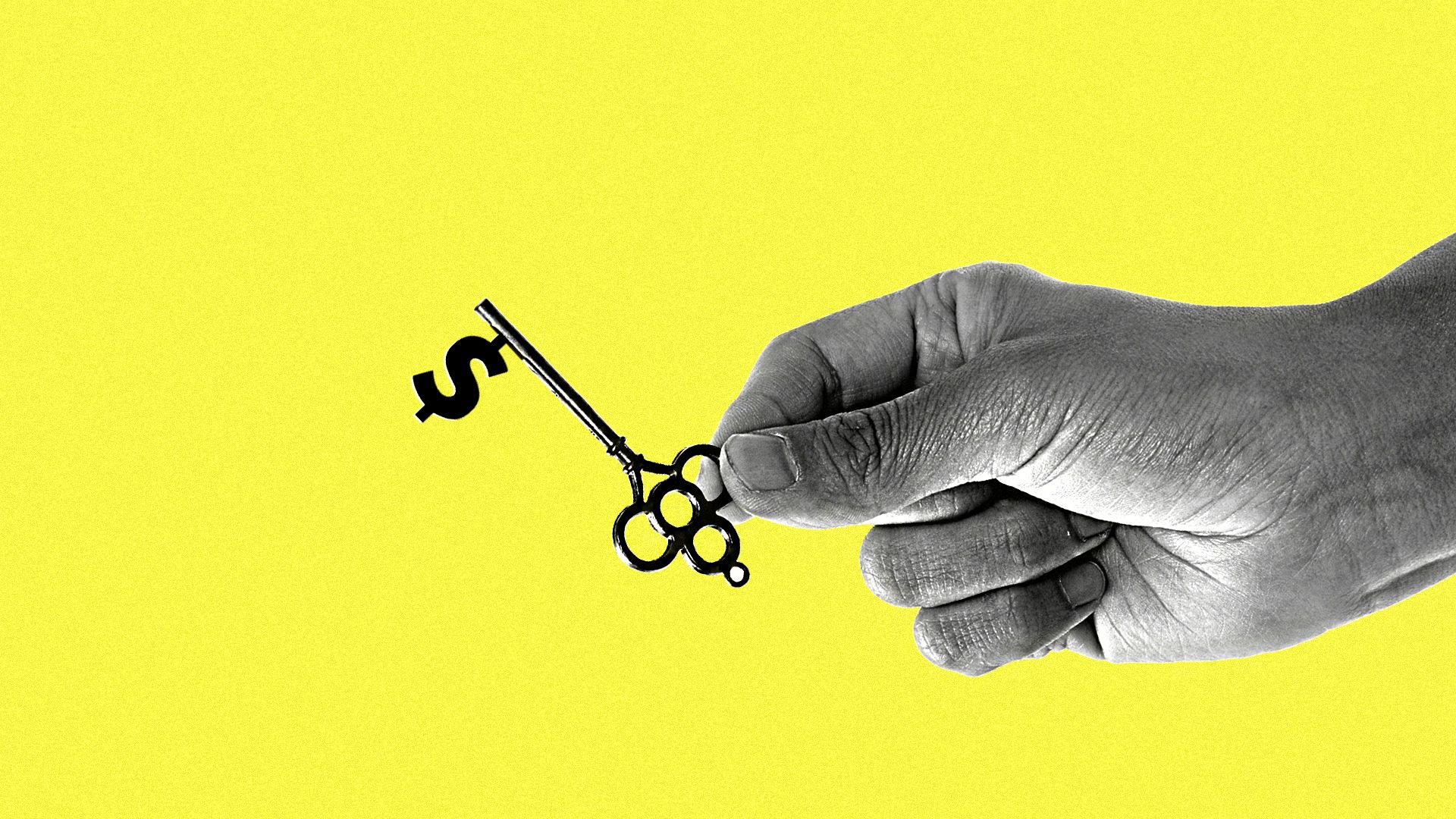 A hand holding a key shaped like a dollar sign