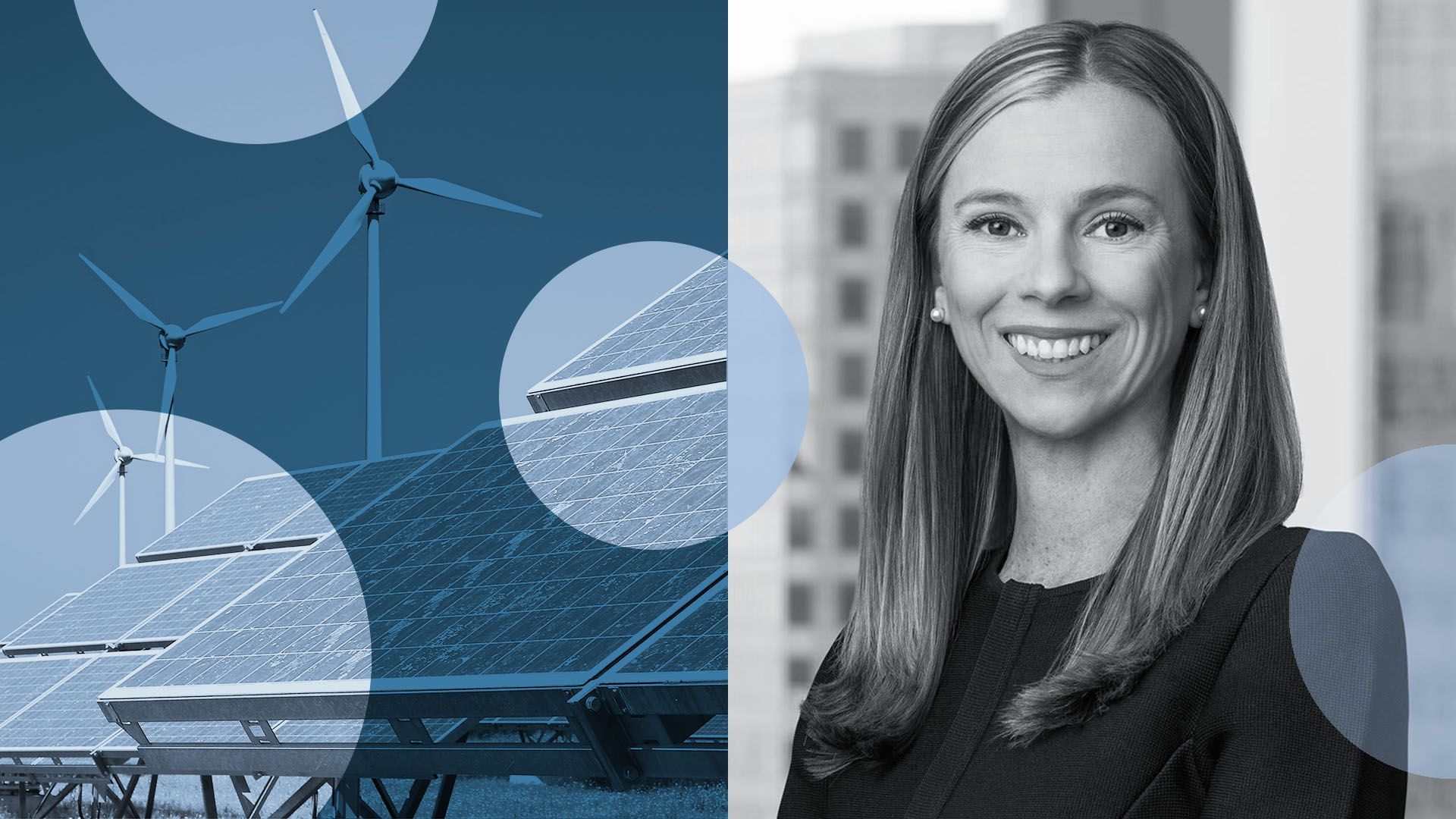 photo illustration of Danielle Patterson of Vinson & Elkins surrounded by circles solar panels and wind turbines