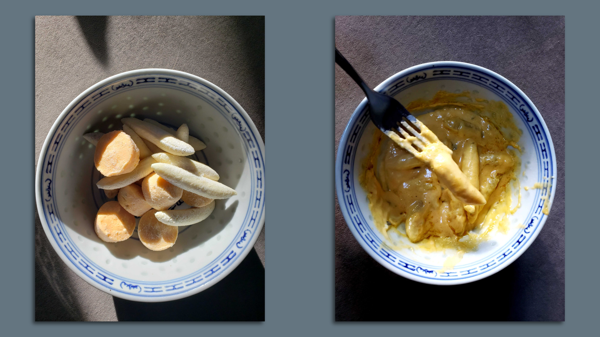 Two bowls: one has frozen noodles and cheese disks and the other has melted cheese and noodles. 