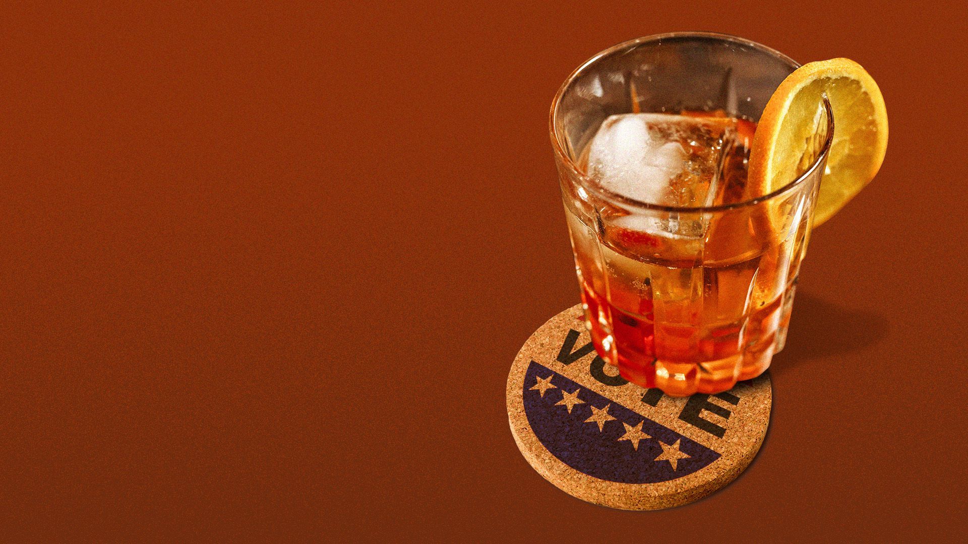 Illustration of a cocktail sitting on a coaster that looks like a vote campaign button.