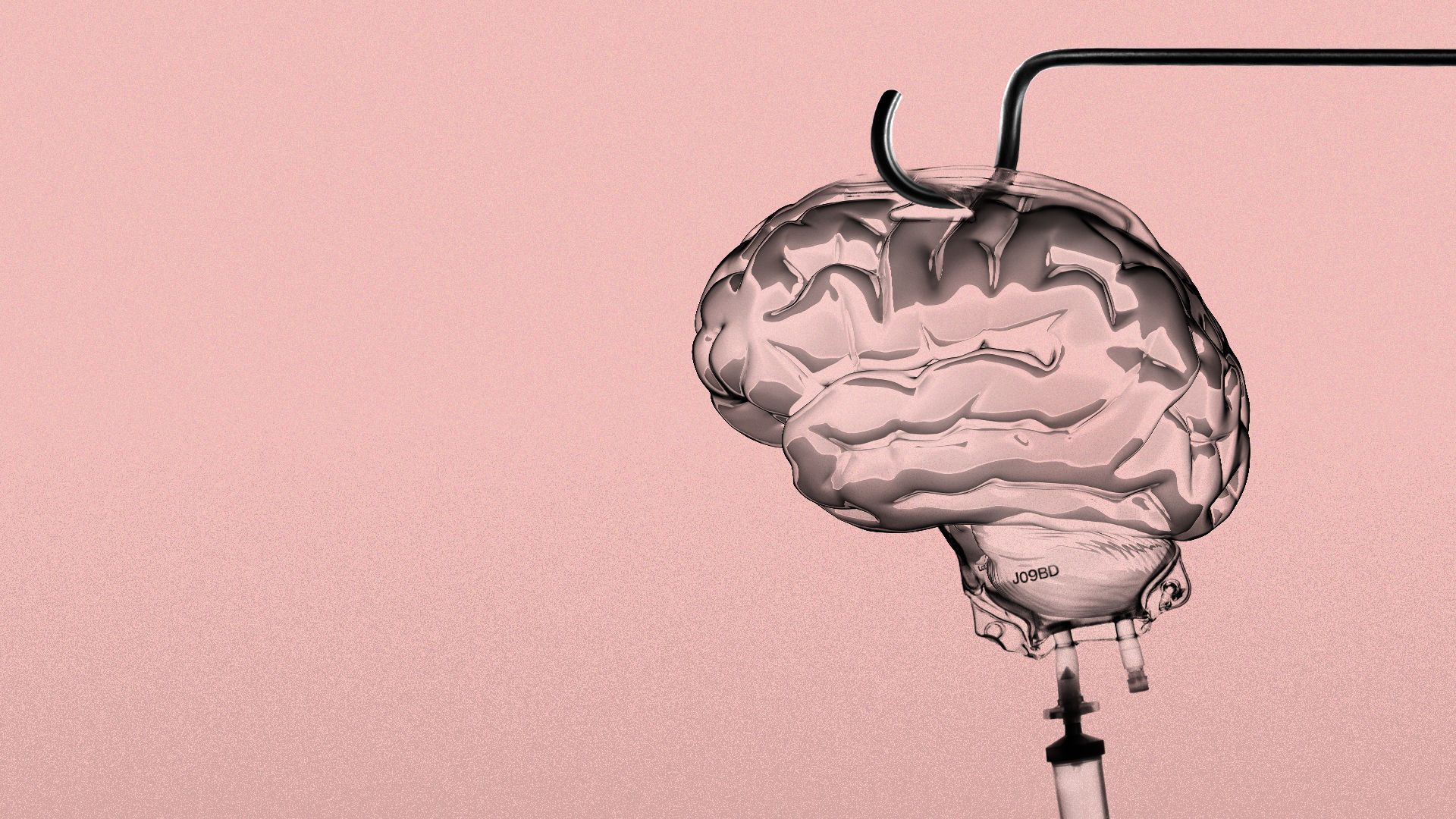 Illustration of a brain shaped IV bag hanging from a stand.