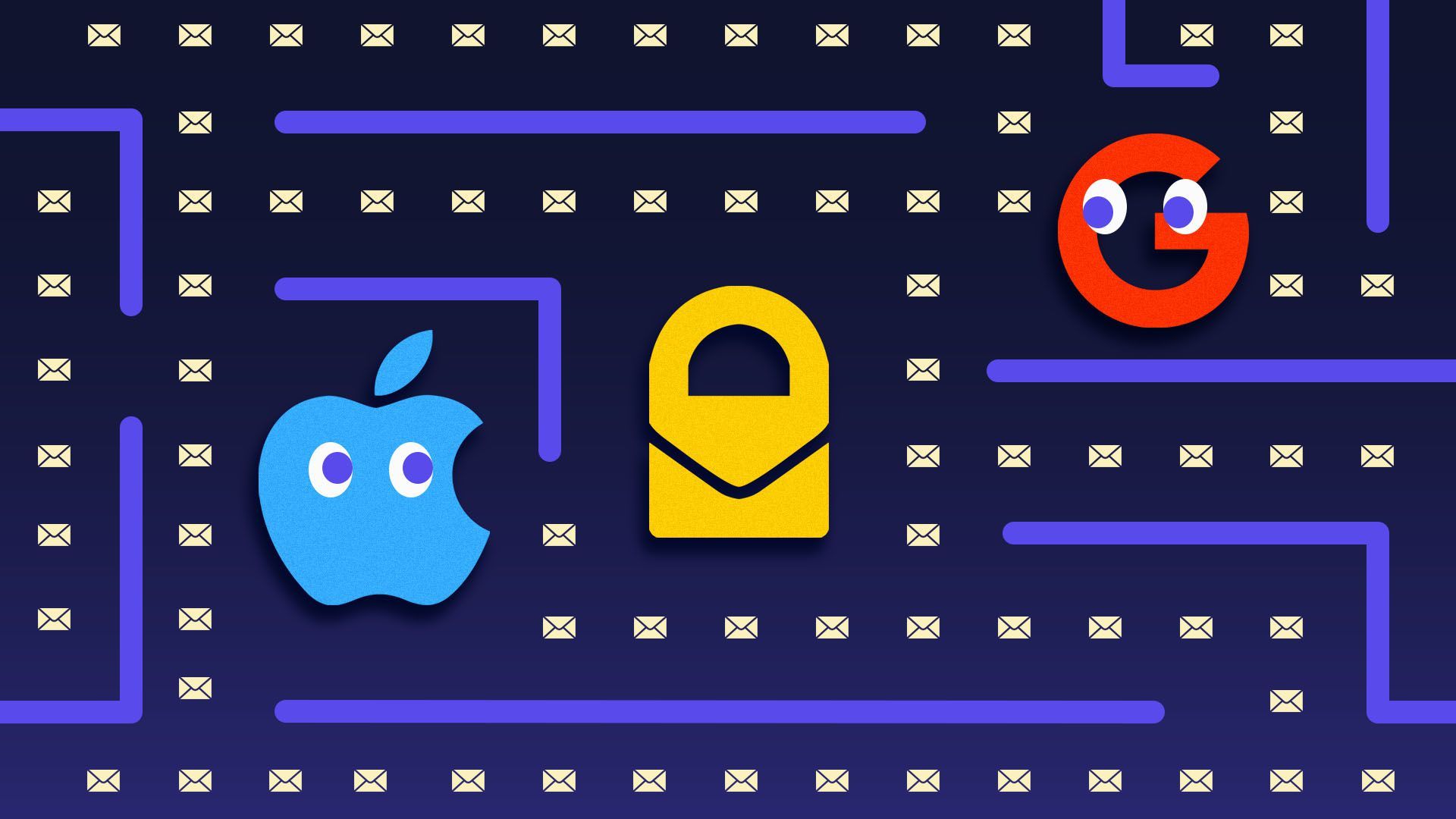 Illustration of a the Google, Protonmail, and Gmail logos as PacMan characters 