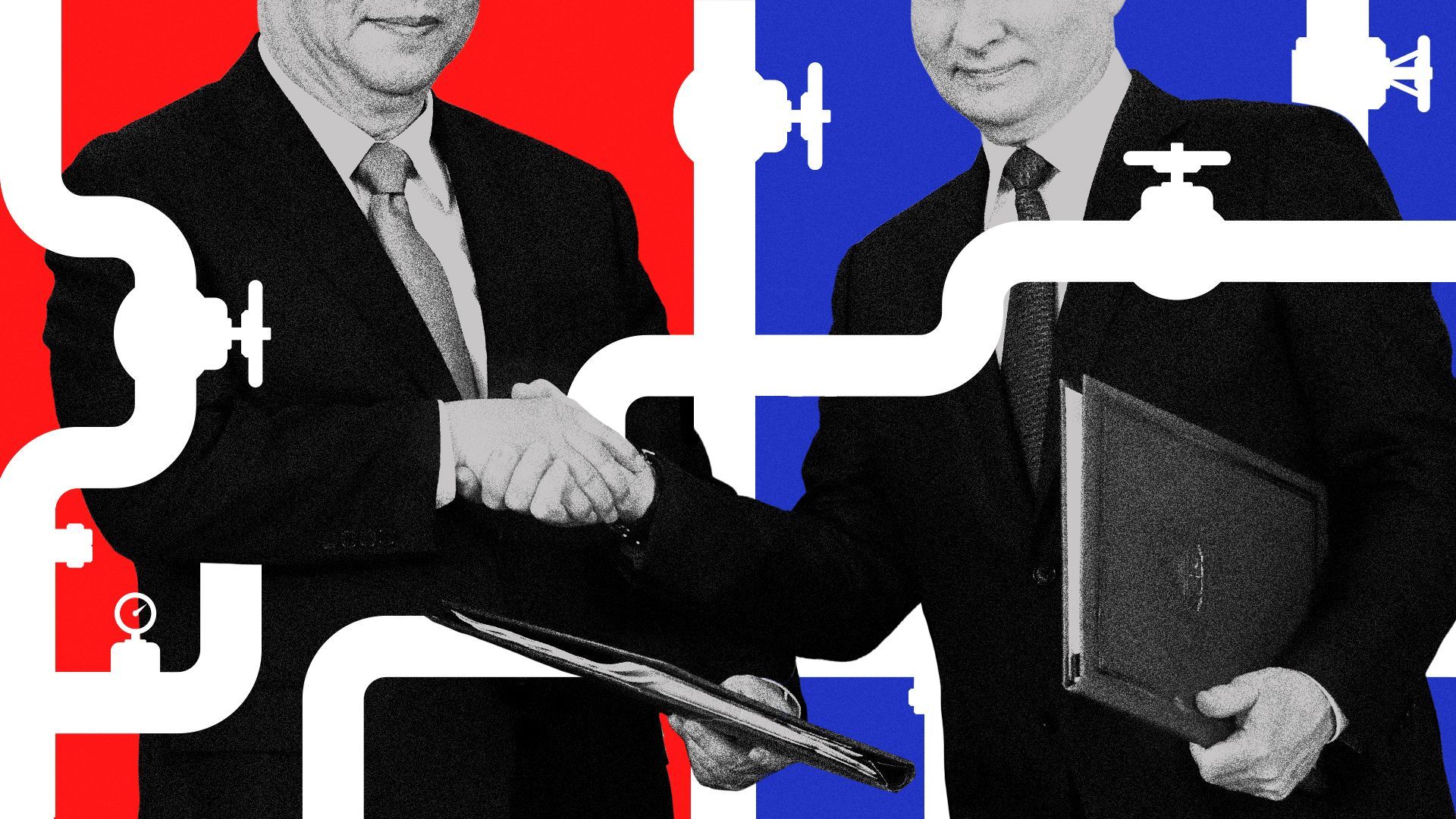 Photo illustration of pipelines encircling Xi Jinping and Vladimir Putin shaking hands.