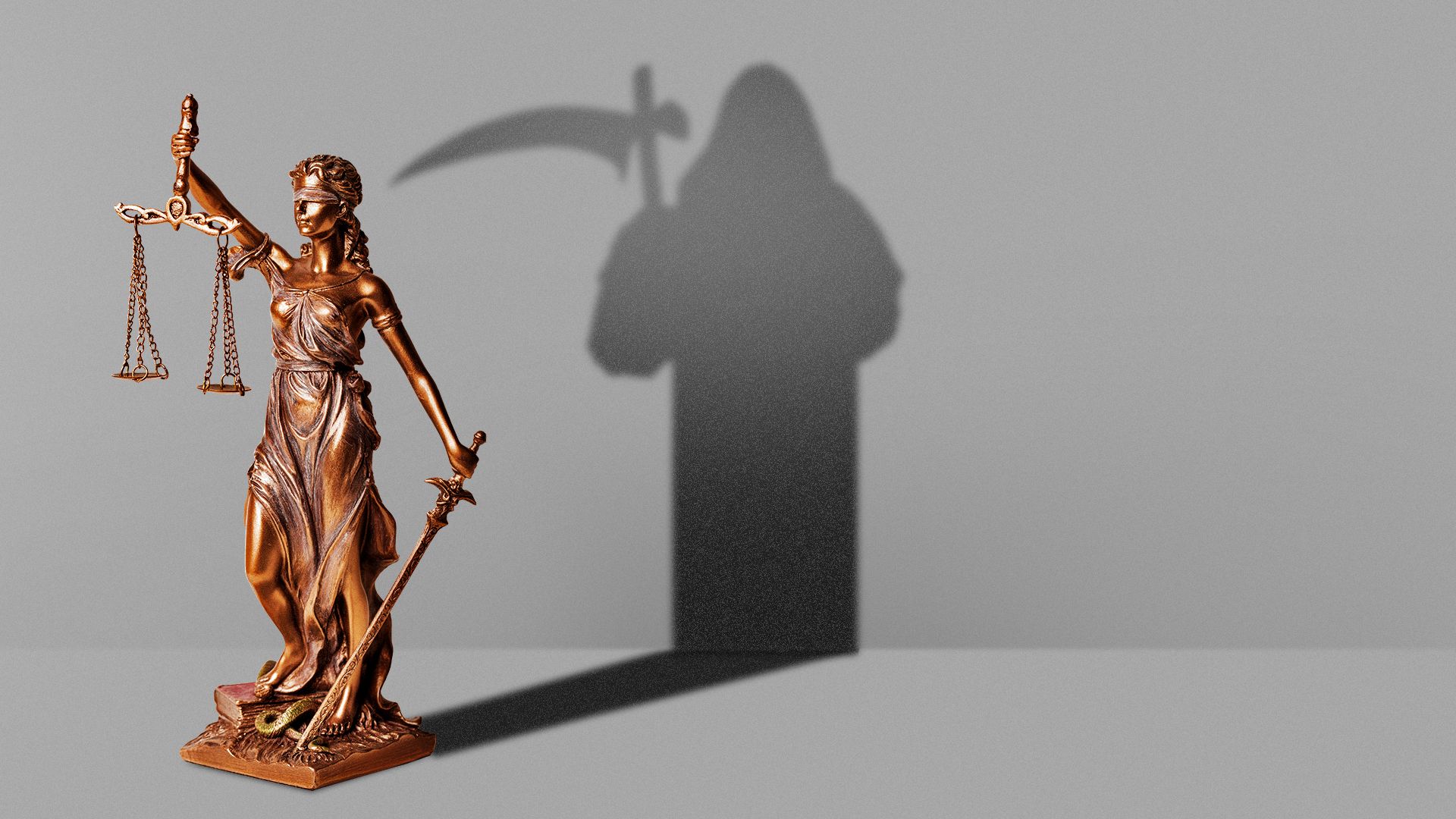 Illustration of a statue of Justice casting a shadow shaped like the grim reaper.