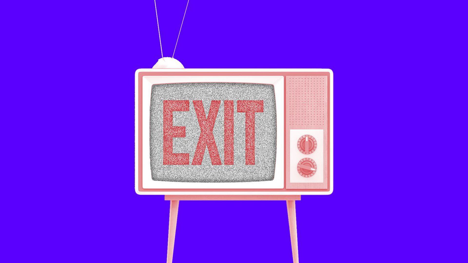 An illustration of a red television in front of a purple background that shows the exit symbol on its screen