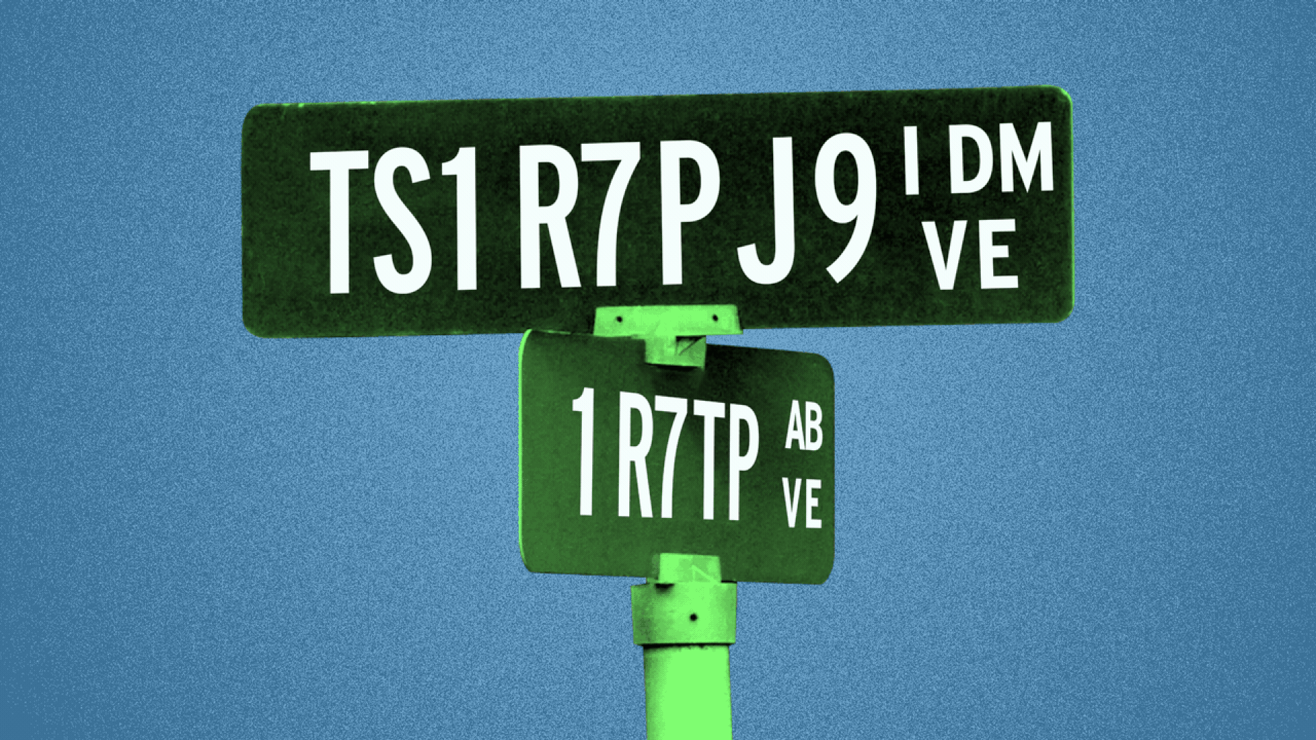 Illustration of two street signs with garbled, changing nonsense text.