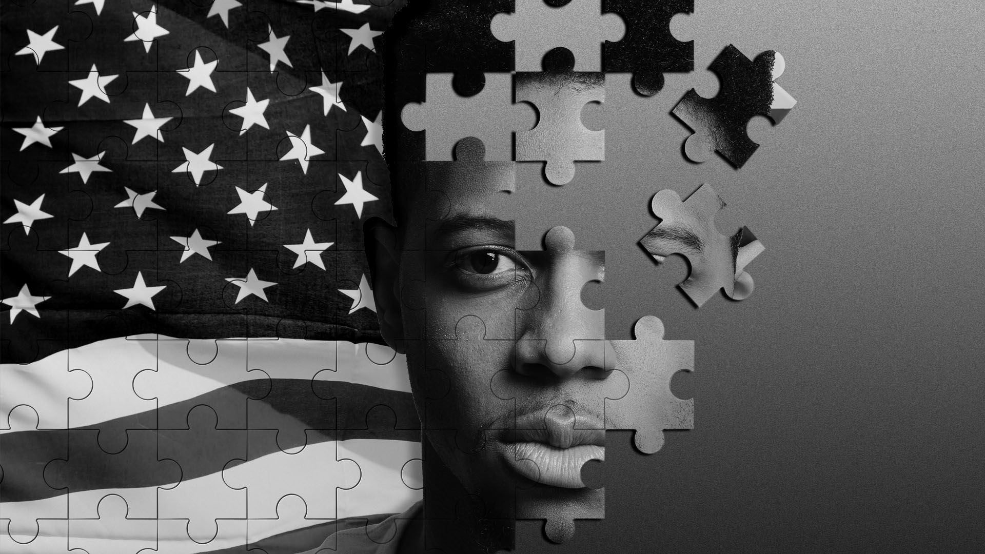 Illustration of an unfinished puzzle featuring an African American man against an American flag