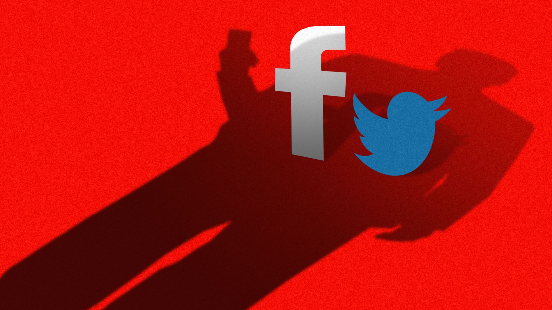 Illustration of President Trump's shadow being cast over the logos of Facebook and Twitter